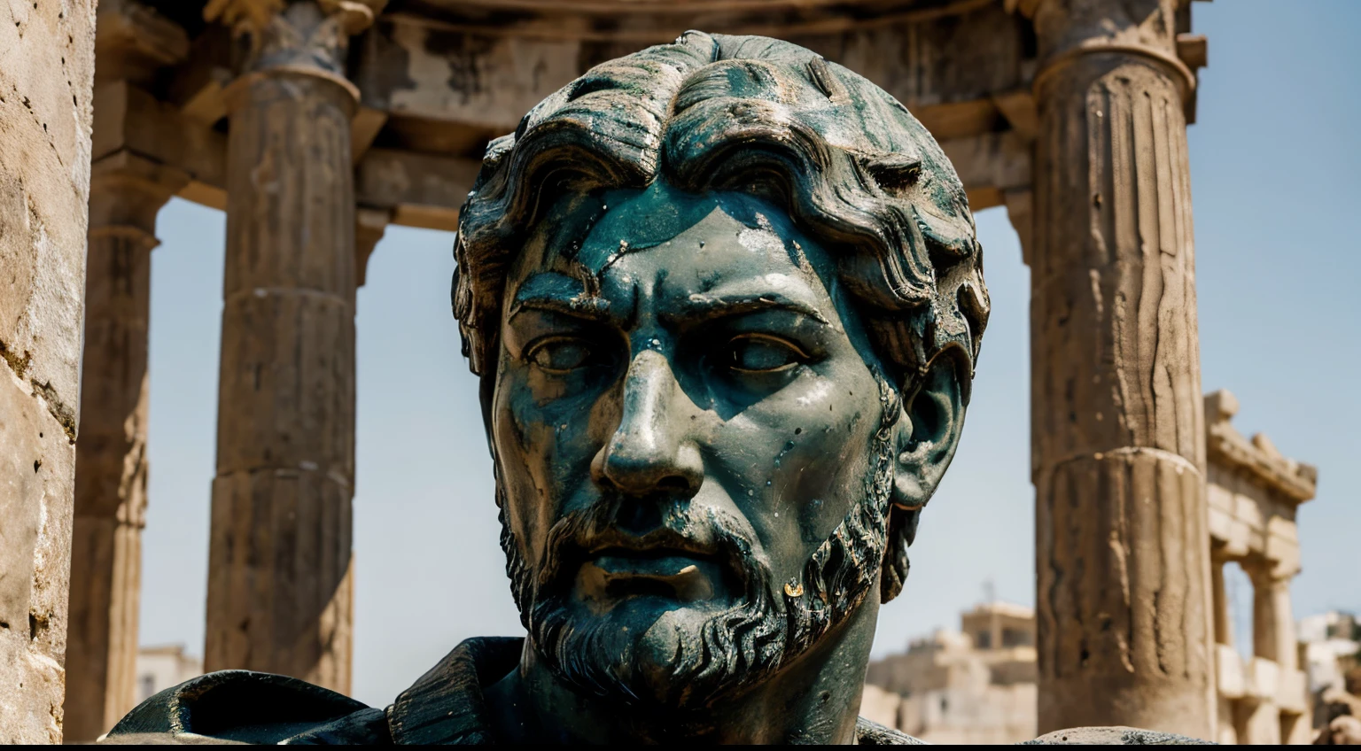 Ancient Stoic Statue With Very Angry Expression, tem barba, muitos detalhes em ambos os olhos, Outside, fundo atenas grego, open sky, com rosto extremamente detalhado full body view, Colors with low saturation with dark tone, Filmado em Sony A7S III com Sony FE 35mm f/1.8, 12.1 MP, --AR 3:2 --estilo cru