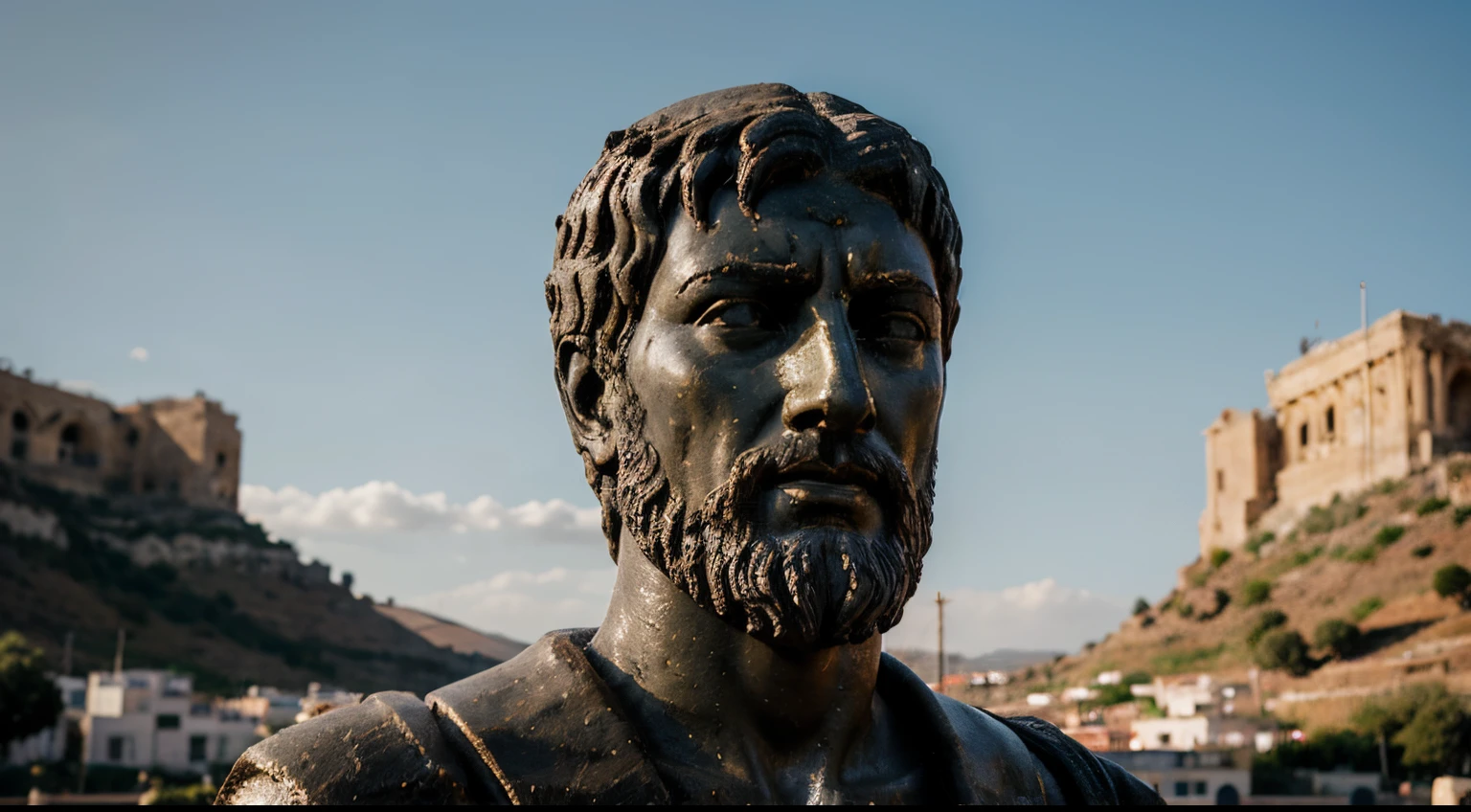 Ancient Stoic Statue With Very Angry Expression, tem barba, muitos detalhes em ambos os olhos, Outside, fundo atenas grego, open sky, com rosto extremamente detalhado full body view, Colors with low saturation with dark tone, Filmado em Sony A7S III com Sony FE 35mm f/1.8, 12.1 MP, --AR 3:2 --estilo cru