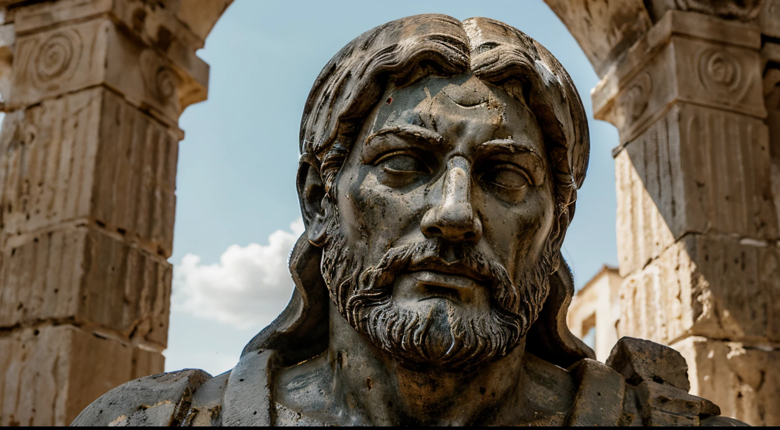 Ancient Stoic Statue With Very Angry Expression, tem barba, muitos detalhes em ambos os olhos, Outside, fundo atenas grego, open sky, com rosto extremamente detalhado full body view, Colors with low saturation with dark tone, Filmado em Sony A7S III com Sony FE 35mm f/1.8, 12.1 MP, --AR 3:2 --estilo cru