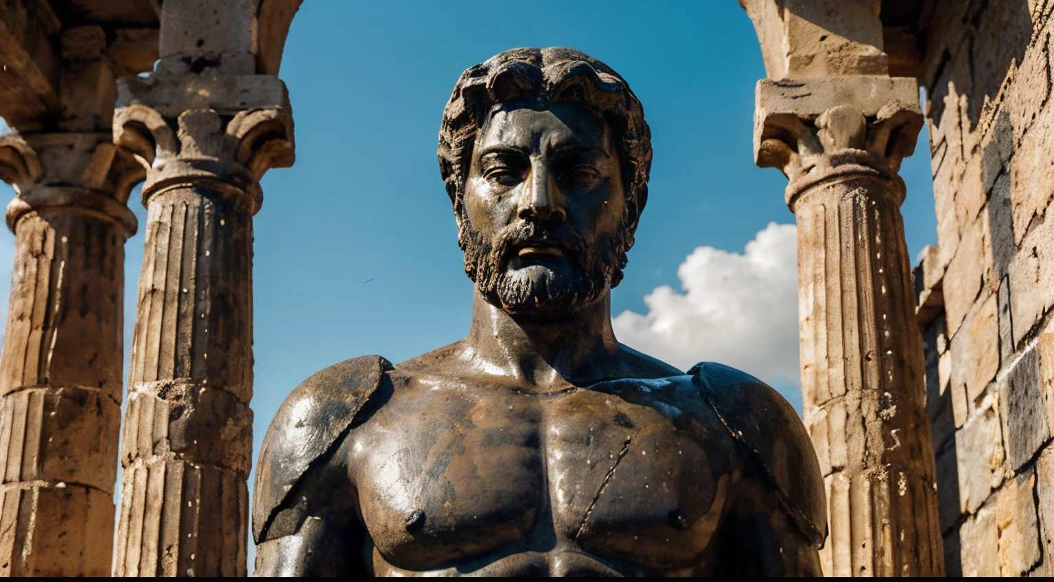 Ancient Stoic Statue With Very Angry Expression, tem barba, muitos detalhes em ambos os olhos, Outside, fundo atenas grego, open sky, com rosto extremamente detalhado full body view, Colors with low saturation with dark tone, Filmado em Sony A7S III com Sony FE 35mm f/1.8, 12.1 MP, --AR 3:2 --estilo cru