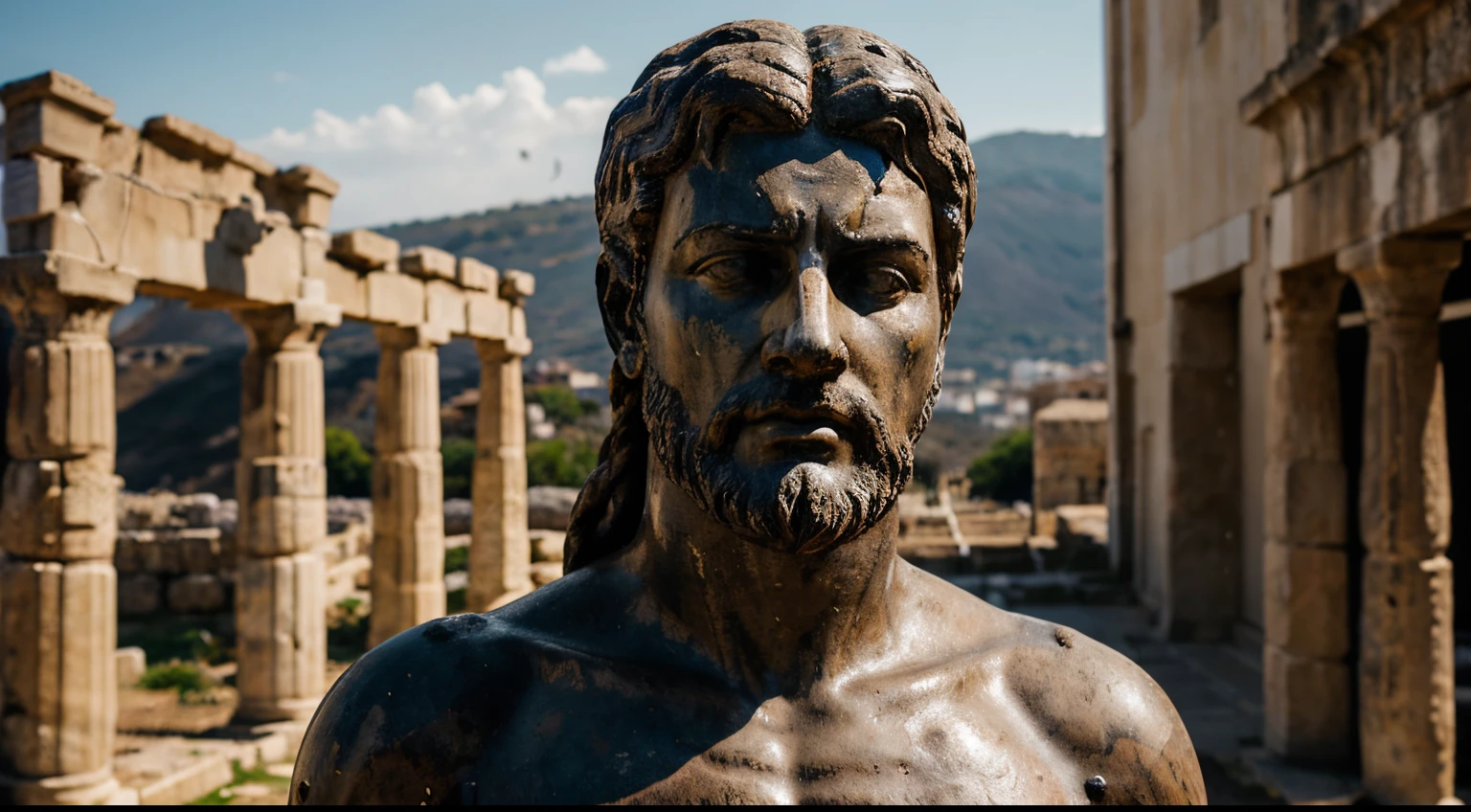 Ancient Stoic Statue With Very Angry Expression, tem barba, muitos detalhes em ambos os olhos, Outside, fundo atenas grego, open sky, com rosto extremamente detalhado full body view, Colors with low saturation with dark tone, Filmado em Sony A7S III com Sony FE 35mm f/1.8, 12.1 MP, --AR 3:2 --estilo cru
