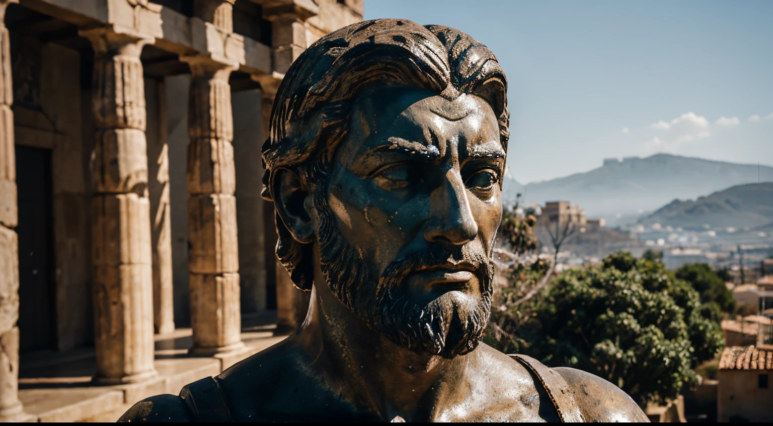 Ancient Stoic Statue With Very Angry Expression, tem barba, muitos detalhes em ambos os olhos, Outside, fundo atenas grego, open sky, com rosto extremamente detalhado full body view, Colors with low saturation with dark tone, Filmado em Sony A7S III com Sony FE 35mm f/1.8, 12.1 MP, --AR 3:2 --estilo cru