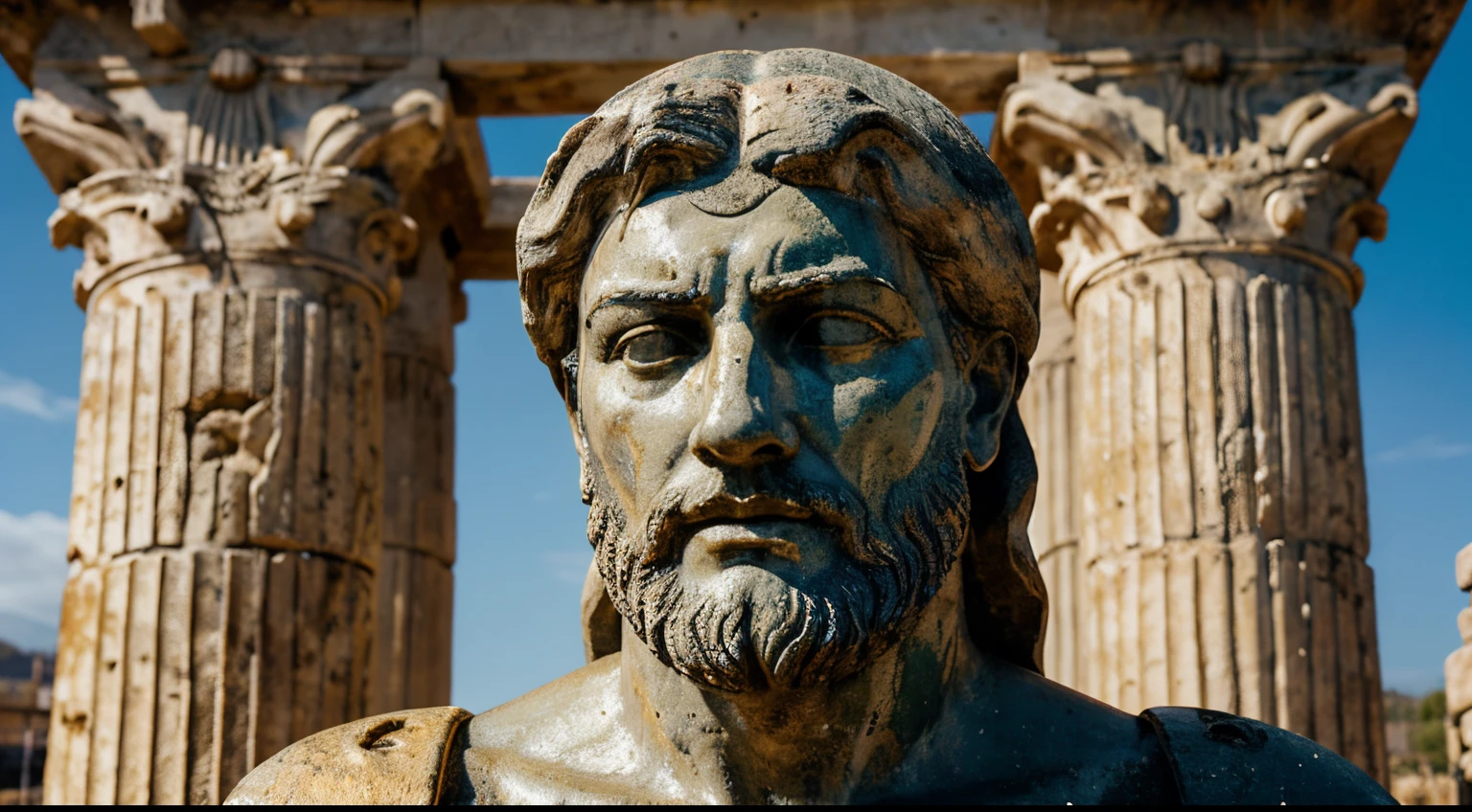 Ancient Stoic Statue With Very Angry Expression, tem barba, muitos detalhes em ambos os olhos, Outside, fundo atenas grego, open sky, com rosto extremamente detalhado full body view, Colors with low saturation with dark tone, Filmado em Sony A7S III com Sony FE 35mm f/1.8, 12.1 MP, --AR 3:2 --estilo cru