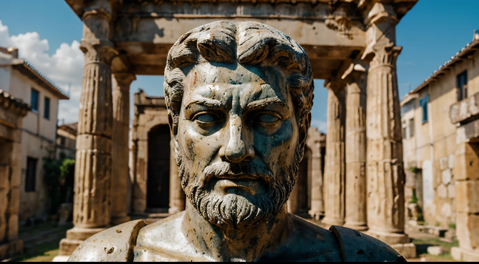 Ancient Stoic Statue With Very Angry Expression, tem barba, muitos detalhes em ambos os olhos, Outside, fundo atenas grego, open sky, com rosto extremamente detalhado full body view, Colors with low saturation with dark tone, Filmado em Sony A7S III com Sony FE 35mm f/1.8, 12.1 MP, --AR 3:2 --estilo cru