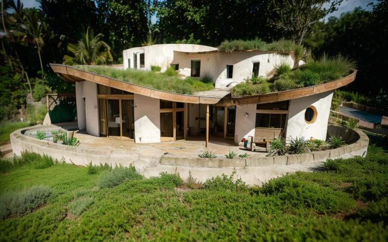A photograph of a symmetrical contemporary house with curved, organic, angular, rounded and (((green roof))) with a (((Biological pool))) in the tropical backyard, white plaster (((rustic clay stucco))), (((wave-shaped green roof with a wooden edge))), (((wooden roof and rake fascia))), eaves, porch with wooden pillar, ((wooden frame roof)), No Bali (((Tropical garden))), ((rounded corner walls)), ((Rustic clay plaster)), (((rounded organic curves corners white walls))), (((rustic earth plaster, mud))), ((natural houses. Organic buildings, organic architecture)), Ecovillage, sustainable architecture, Bioconstruction, solarpunk architecture, (((grass roof, green roof, Green Wave Roof, rounded roof, vegetated roofs)) ), ((green architecture)), Passive house, (((Rock Foundation))), Clear sky in the background, Interdimensional Villa, a painful beauty, modern, imposing, organic architecture, green house, ((Bali Hadid Style) ), super resolution, cinemactic, color grading, editorial photography, photography, photo shoot, (((Dramatic top angle view of the front eye))), O 50mm, depth of field, intricate details, natural colors, sharp focus, light warm, shutter speed 1/1000, F/22, White balance, Ray Trace Reflections, Lumen reflections, screen space reflections, diffraction classification, chromatic aberration, GB offset, Partial lighting, backlight, natural lightting, Scan lines , Ambient occlusion, antialiasing, Shaders, OpenGL-Shaders, GLSL-Shaders, Post processing, post - production, Shading, Tone Mapping, Insanely detailed and intricate, hypermaximalist, elegant, hyperrealistic, super detailed, dynamic pose, Fujifilm XT3