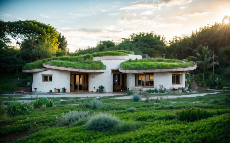 A photograph of a symmetrical contemporary house with curved, organic, angular, rounded and (((green roof))) with a (((Biological pool))) in the tropical backyard, white plaster (((rustic clay stucco))), (((wave-shaped green roof with a wooden edge))), (((wooden roof and rake fascia))), eaves, porch with wooden pillar, ((wooden frame roof)), No Bali (((Tropical garden))), ((rounded corner walls)), ((Rustic clay plaster)), (((rounded organic curves corners white walls))), (((rustic earth plaster, mud))), ((natural houses. Organic buildings, organic architecture)), Ecovillage, sustainable architecture, Bioconstruction, solarpunk architecture, (((grass roof, green roof, Green Wave Roof, rounded roof, vegetated roofs)) ), ((green architecture)), Passive house, (((Rock Foundation))), Clear sky in the background, Interdimensional Villa, a painful beauty, modern, imposing, organic architecture, green house, ((Bali Hadid Style) ), super resolution, cinemactic, color grading, editorial photography, photography, photo shoot, (((Dramatic top angle view of the front eye))), O 50mm, depth of field, intricate details, natural colors, sharp focus, light warm, shutter speed 1/1000, F/22, White balance, Ray Trace Reflections, Lumen reflections, screen space reflections, diffraction classification, chromatic aberration, GB offset, Partial lighting, backlight, natural lightting, Scan lines , Ambient occlusion, antialiasing, Shaders, OpenGL-Shaders, GLSL-Shaders, Post processing, post - production, Shading, Tone Mapping, Insanely detailed and intricate, hypermaximalist, elegant, hyperrealistic, super detailed, dynamic pose, Fujifilm XT3