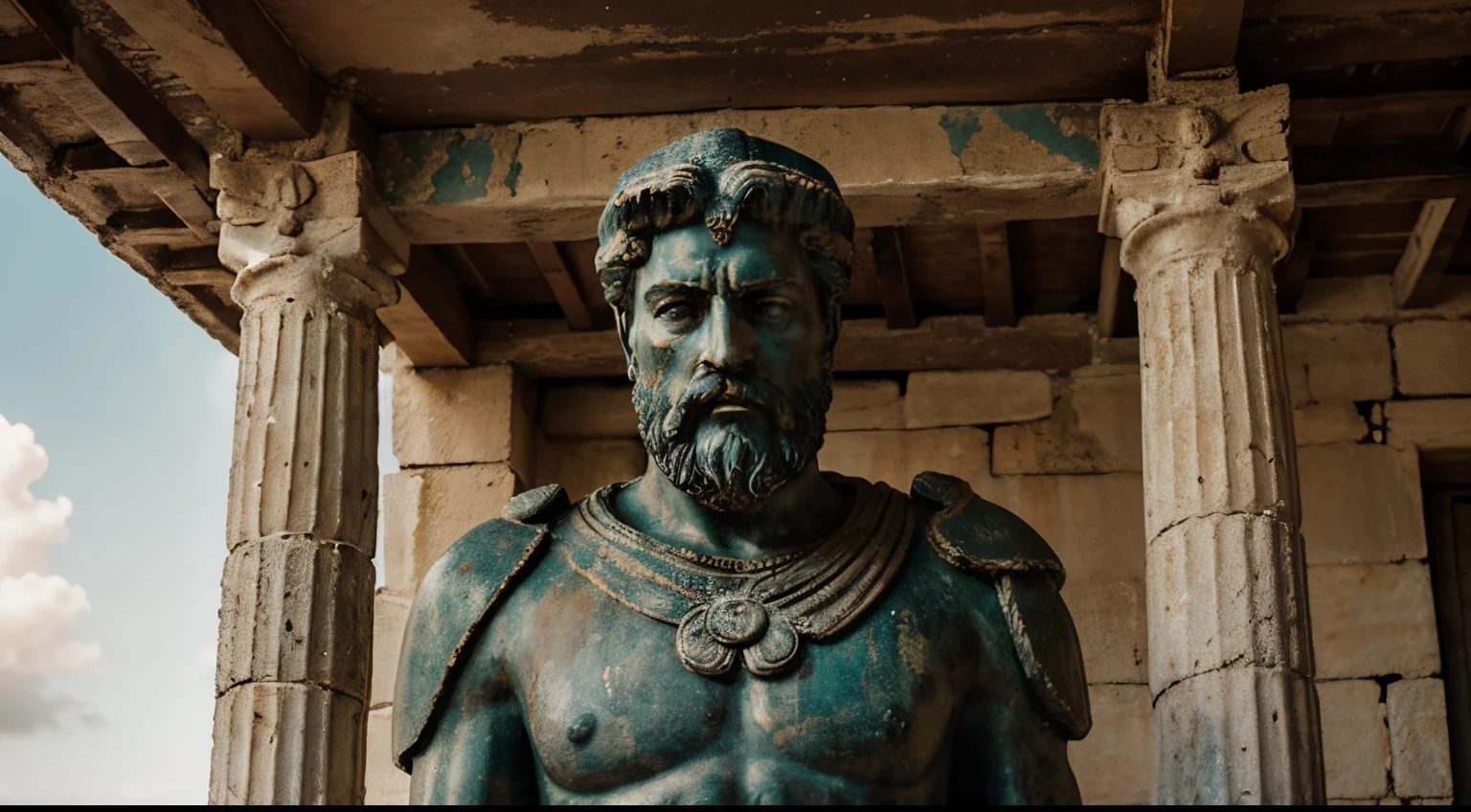 Ancient Stoic Statue With Very Angry Expression, tem barba, muitos detalhes em ambos os olhos, Outside, fundo atenas grego, open sky, com rosto extremamente detalhado full body view, Colors with low saturation with dark tone, Filmado em Sony A7S III com Sony FE 35mm f/1.8, 12.1 MP, --AR 3:2 --estilo cru