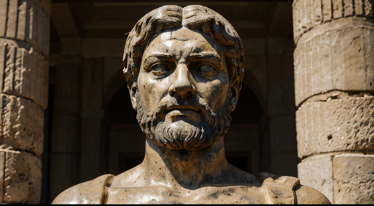 Ancient Stoic Statue With Very Angry Expression, tem barba, muitos detalhes em ambos os olhos, Outside, fundo atenas grego, open sky, com rosto extremamente detalhado full body view, Colors with low saturation with dark tone, Filmado em Sony A7S III com Sony FE 35mm f/1.8, 12.1 MP, --AR 3:2 --estilo cru