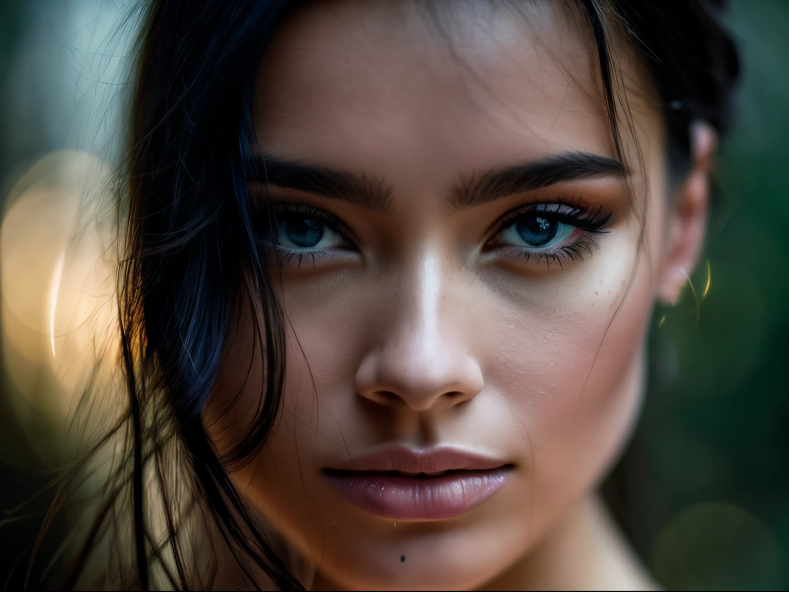 A captivating, high-drama portrait of an extremely beautiful woman, raind drop background, in the style of hyperrealist, selective focus, hall of mirrors, bokeh, hyper-realistic portraits, mysterious and dreamlike scenes, fragmented portraitures. Shot with a Nikon Z9, 50 mm f/1.2 lens, directed by Ridley Scott