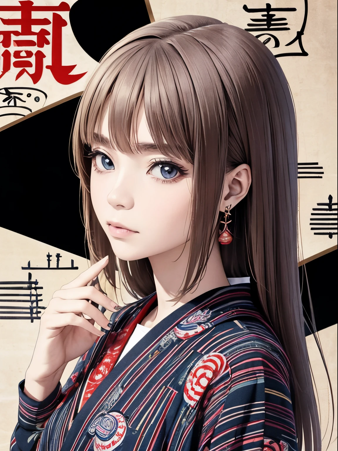 criou steetwear design, mal FEMININO mitologia japonesa, kanji, tradicional, pattern, letra, magia, cor cheia, triste, Frustrado, Escuro, fundo, capuz Escuro