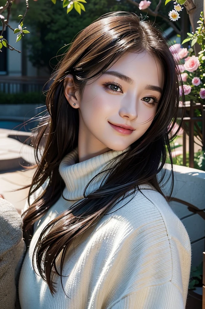 masterpiece,DSLR photo,analog style,nikon d5,real photo,a photo of a beautiful 20 year old woman,dramatic lighting (85mm),with Blooming garden in the background,(detailed facial features),(detailed shiny eyes),dynamic angle,Michelangelo style,long hair,turtleneck sweater,smiling face:1.4,