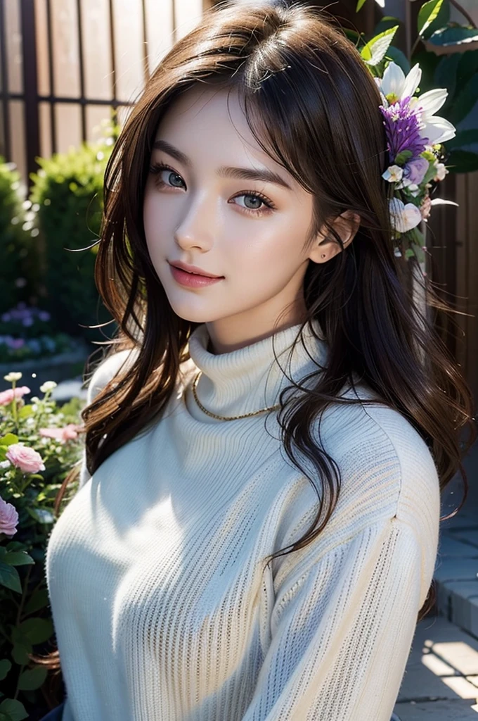masterpiece,DSLR photo,analog style,nikon d5,real photo,a photo of a beautiful 20 year old woman,dramatic lighting (85mm),with Blooming garden in the background,(detailed facial features),(detailed shiny eyes),dynamic angle,Michelangelo style,long hair,turtleneck sweater,smiling face:1.4,