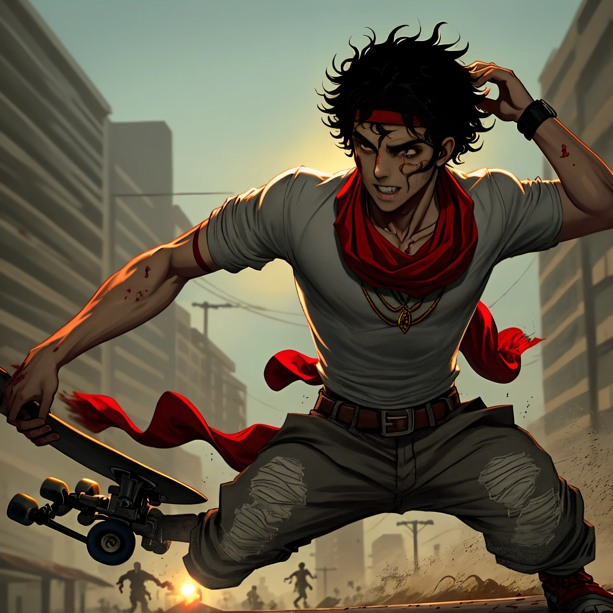 A young man with short black curly hair with a red bandana around his neck fleeing a zombie apocalypse on a skateboard in Brazil