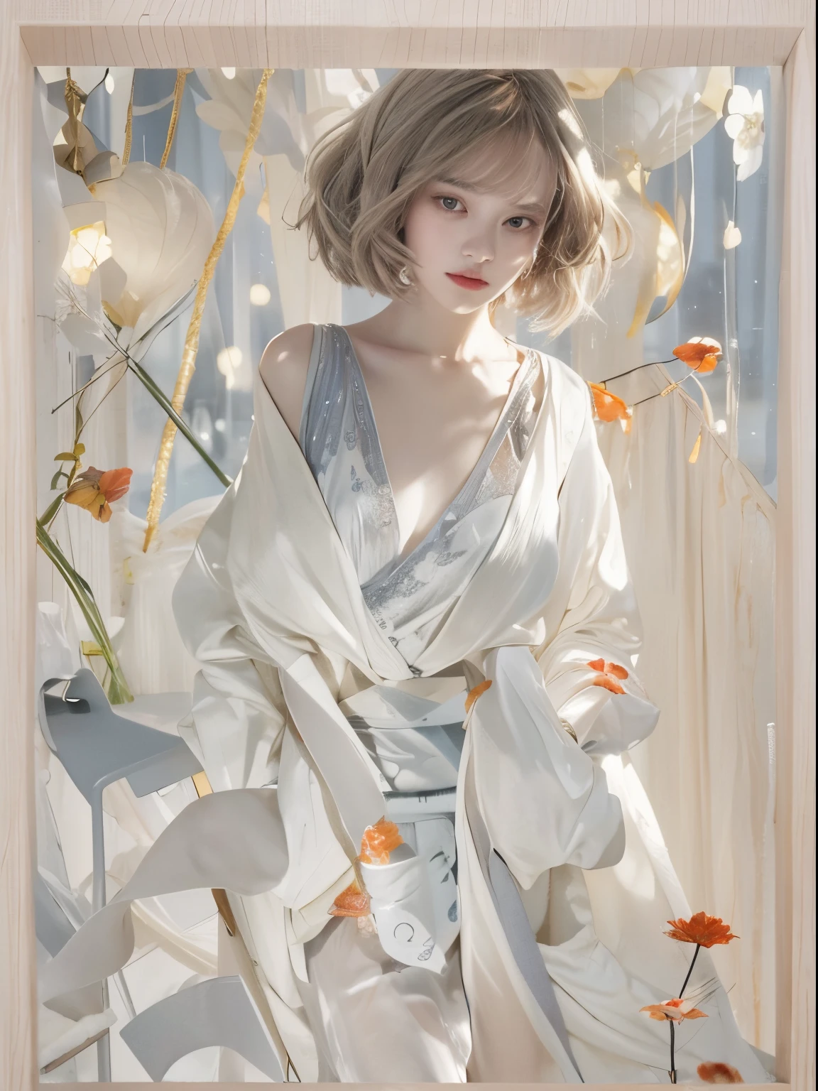 (Best quality, 8k, 32k, Masterpiece, UHD:1.2), "Produce a captivating art piece featuring a girl with a stylish bob haircut, illuminated by dramatic and cinematic lighting that accentuates the contours of her face and hair. Create an atmosphere that exudes intrigue and depth, with shadows and highlights playing a central role in defining the scene. The lighting should emphasize the girl's features and add an extra layer of drama to the composition, making it visually striking and evoking a sense of mystery and allure."