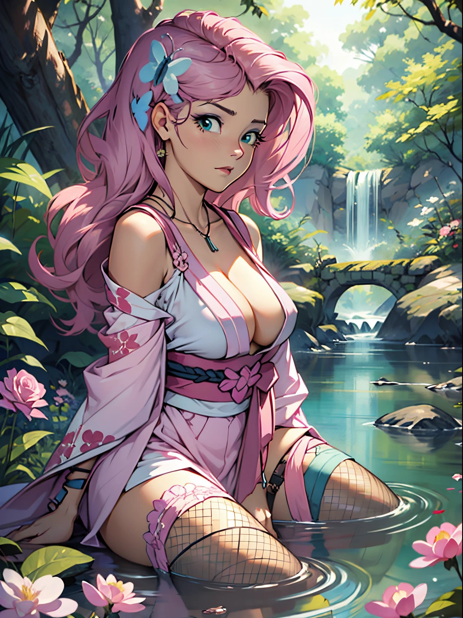 Fluttershy, Fluttershy of my little pony, big breastes, Lush breasts, elastic breasts, exuberant hair, rose hair, samurai, kimono , Serious, Katana in hand, fishnet stockings, butterfly hairpin, yellow pink outfit, a lot of yellow, a lot of pink, beste-Qualit, tuned face, Very detailed, Butterflies, animals around, Nature, river and stones, Sakura, Sunny day