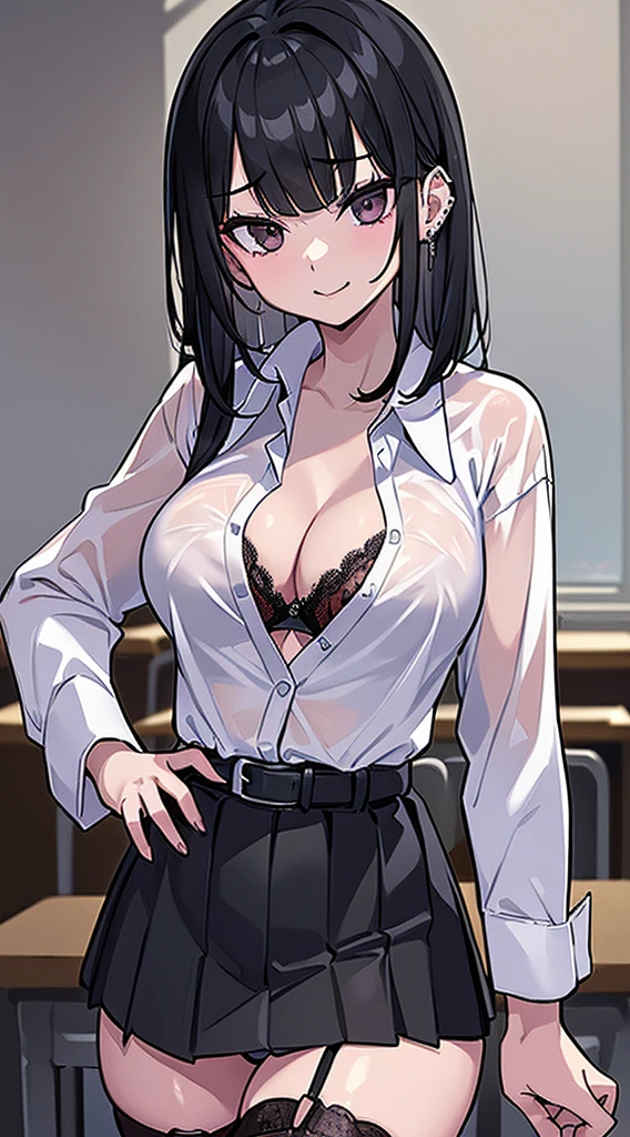 (8K、Top image quality、top-quality、​masterpiece)、1 girl in、A dark-haired、medium hair、blunt bangs、Gray eyes、piercings、evilsmile、Moderately breasts、((Unbuttoned school uniform))、((white  shirt))、((cleavage))、((black bra))、((black lace panties))、(condom belt)、POV、cowboy  shot、Classroom Background