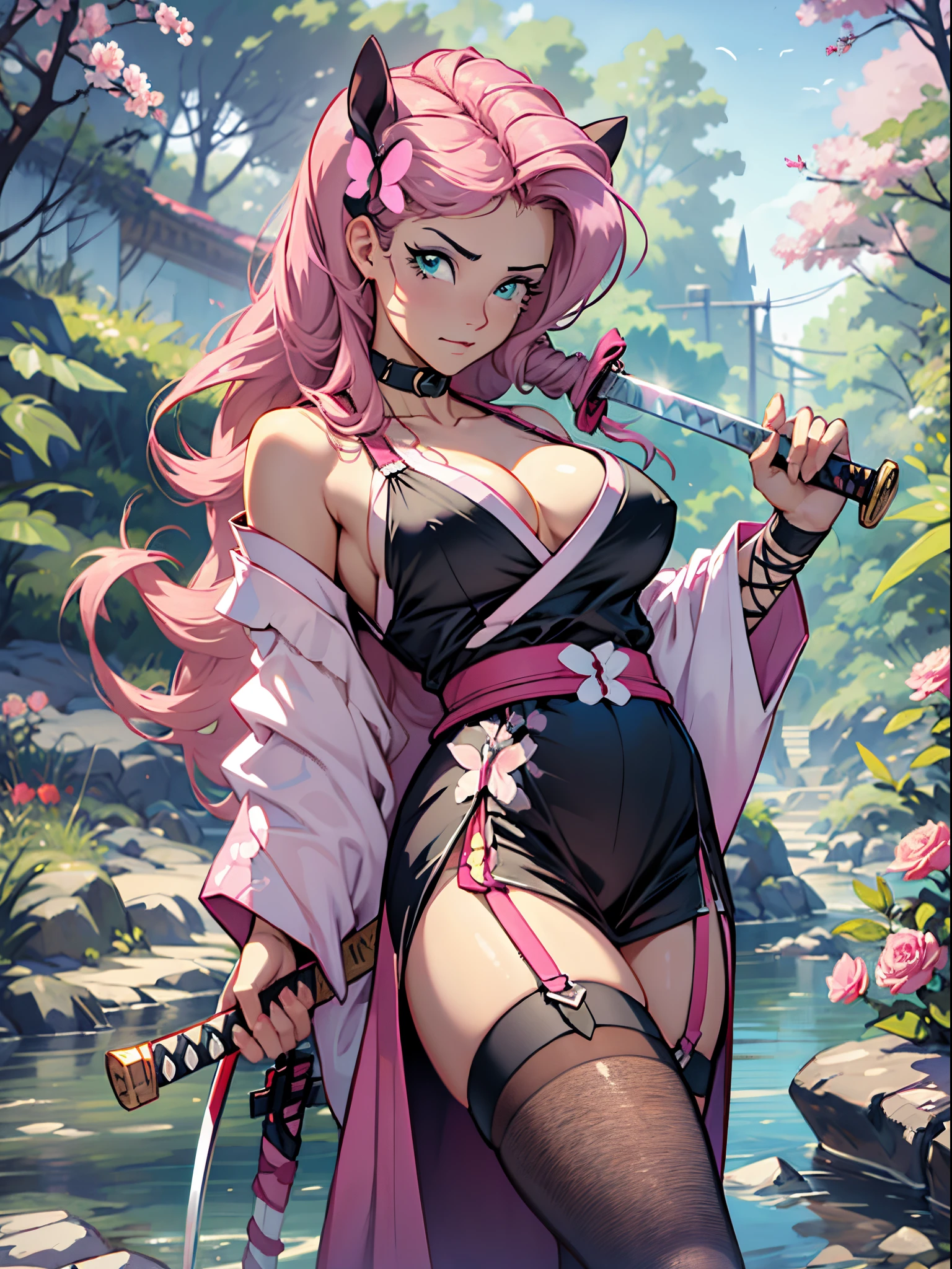 Fluttershy, Fluttershy of my little pony, big breastes, Lush breasts, elastic breasts, exuberant hair, rose hair, samurai, kimono , Serious, Katana in hand, big iron katana, very long katana, emphasis on the sword, shiny sword, view from bottom, Foreshortening from the ground, fishnet stockings, butterfly hairpin, yellow pink outfit, a lot of yellow, a lot of pink, beste-Qualit, tuned face, Very detailed, Butterflies, animals around, Nature, river and stones, Sakura, Sunny day