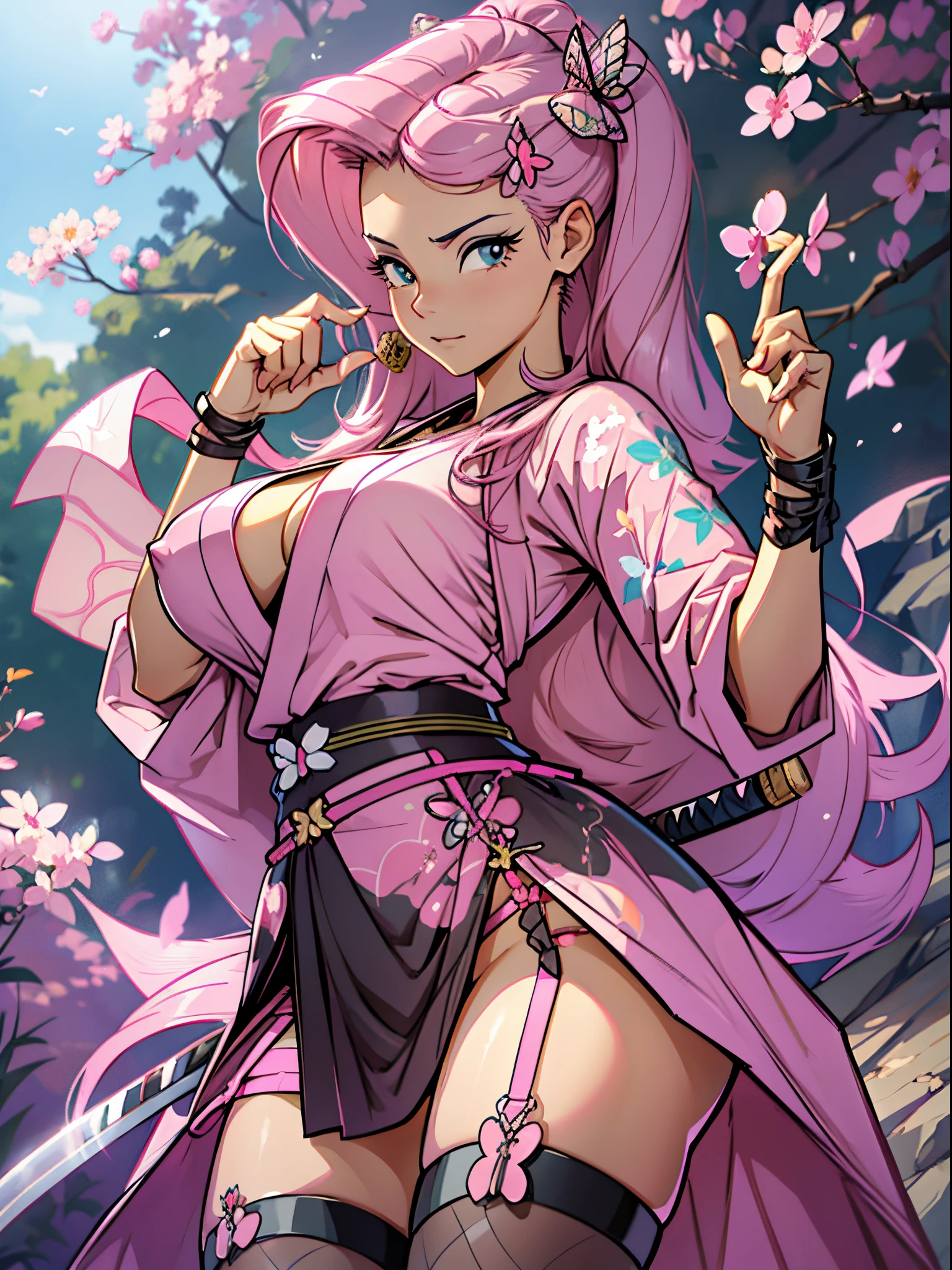 Fluttershy, Fluttershy of my little pony, big breastes, Lush breasts, elastic breasts, exuberant hair, rose hair, samurai, kimono , Serious, Katana in hand, big iron katana, very long katana, emphasis on the sword, shiny sword, view from bottom, Foreshortening from the ground, fishnet stockings, butterfly hairpin, yellow pink outfit, a lot of yellow, a lot of pink, beste-Qualit, tuned face, Very detailed, Butterflies, animals around, Nature, river and stones, Sakura, Sunny day