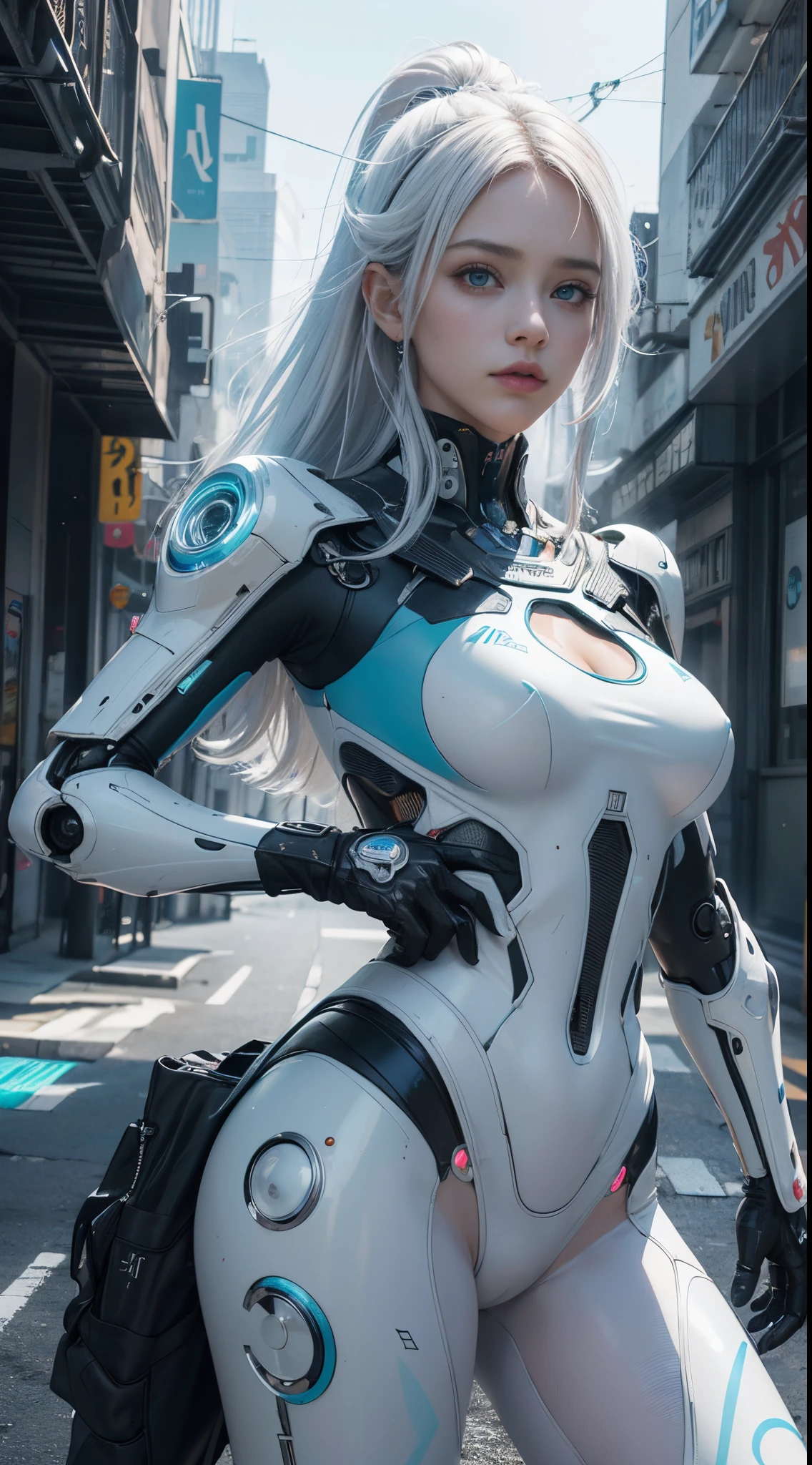 NSFW, 1girl, , cuerpo completo, cyberpunk, mecha, mechanics, (Obra maestra: 1.4), (8k, realista, Foto RAW, La mejor calidad: 1.4), Transparent nipple areola shape, grandes pechos, Chica japonesa, Hermosa cara linda, (Cara real: 1.4), Perfecto , hermoso peinado, Ojos azules realistas, Hermosos ojos de detalle, (piel real: 1.3), Piel hermosa, atractivo, ultrahigh resolution, ultra realista, cinematic lighting, hair dyed white, Cabello largo, Cintas, Ruinas de la ciudad, Mundo futurista,traje retrofuturista,cyborg,white hair,una parte de la cara es robot,retrofuturistic colors, neon lights ,yoga pose view,traje de color azul celeste ,pelo azul