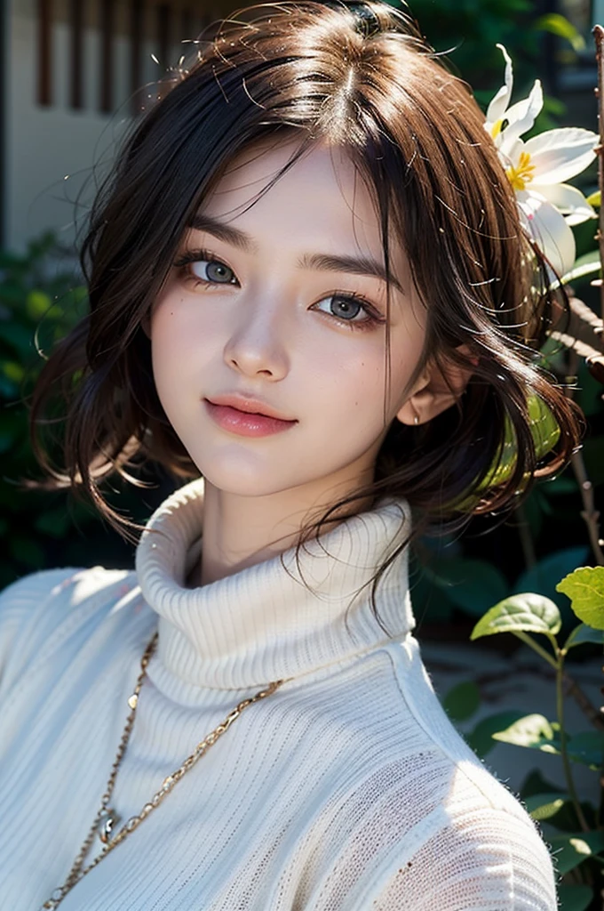 masterpiece,DSLR photo,analog style,NikonD5,rialistic photo,Photo of beautiful 20 year old woman,dramatic lighting(85mm),Blooming garden in the background,(detailed facial features),(detailed shiny eyes),dynamic ungle,michelangelo style,Long,Black turtleneck sweater,a smile:1.4,