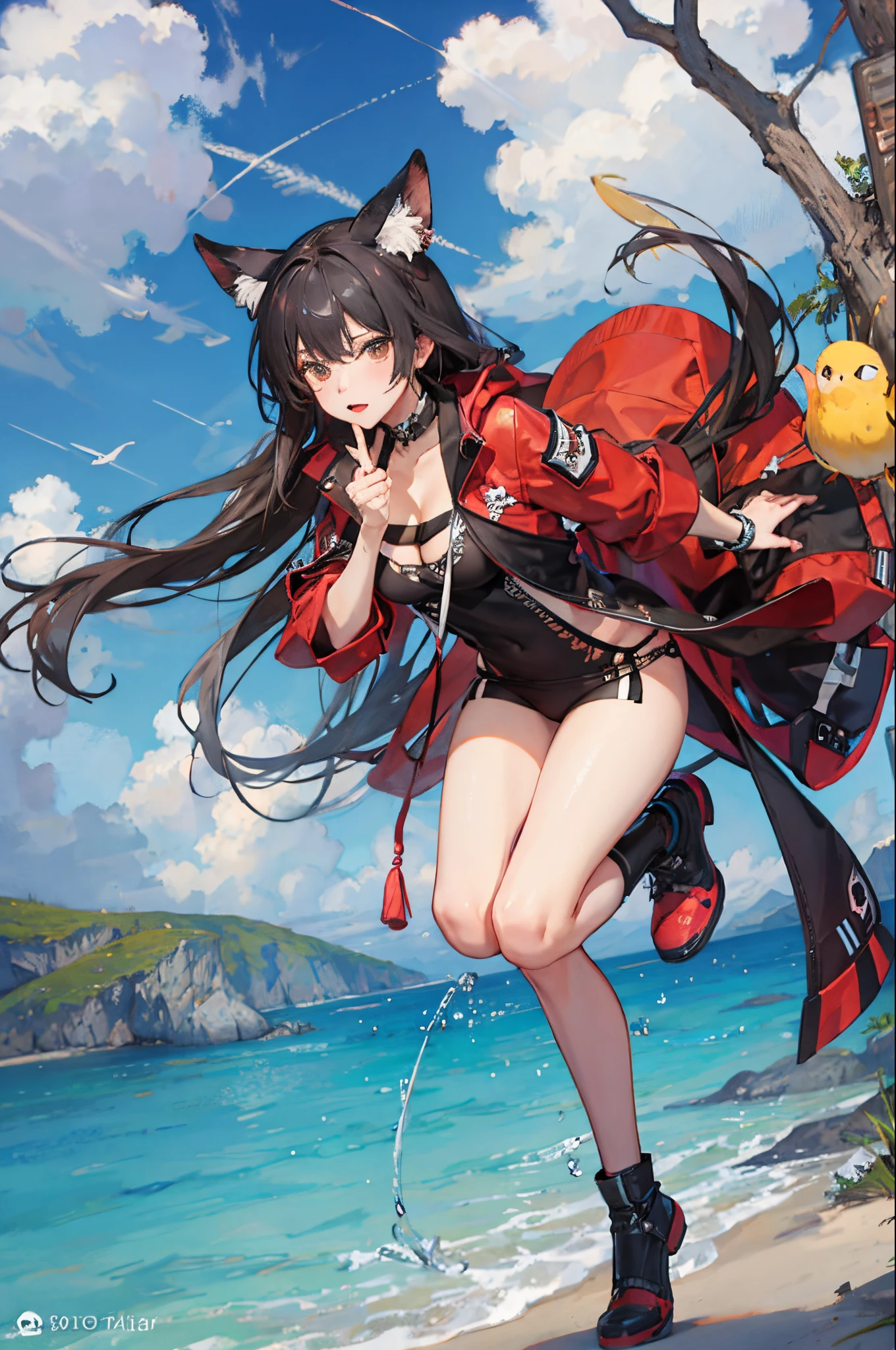 1 girl, solo, full picture, Amagi, black stockings, realistic transparent black stockings, standing in water, sea, partially submerged, sunny day, smiling