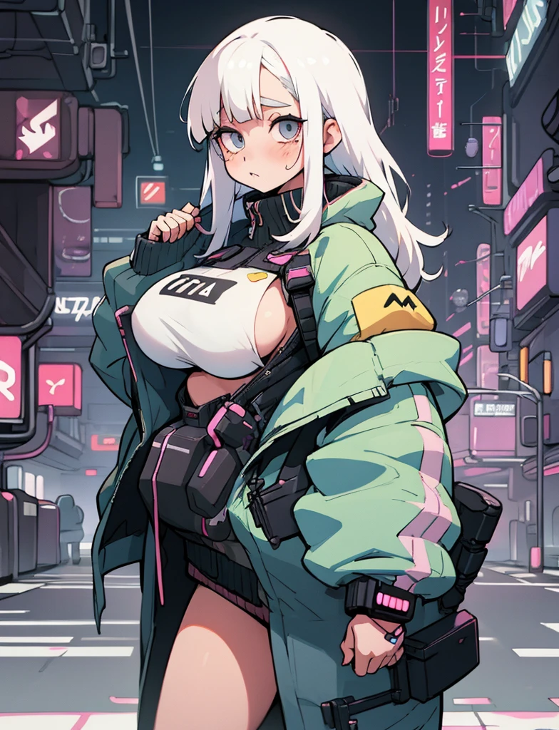 Anime girl. White hair, chubby, boobs undressed, cyberpunk
