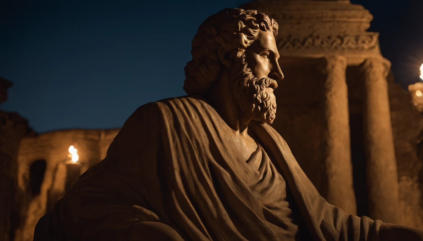 una fuerte estatua griega de un hombre, con barba, feliz, Philosopher style, in low light, ambiente oscuro, en una colina con una ciudad griega en el valle inferior, 8k, realista, Detallado, Obra maestra:1.2, Ultra detallado, Retratos, vivid colors, HDR, Escultura fina, ancient civilisation, Noche