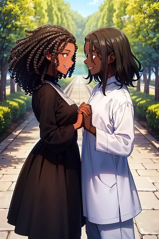 interracial couple, getou, holding hands, smiling, looking into each other's eyes, ((man white skin, tall, brown eyes, medium length hair, loose hair, black hair)), ((black woman dark brown skin, dark brown eyes , black hair, curly hair, hair back)), outdoor clothes, ginkgo trees, masterpiece, great quality, beautiful