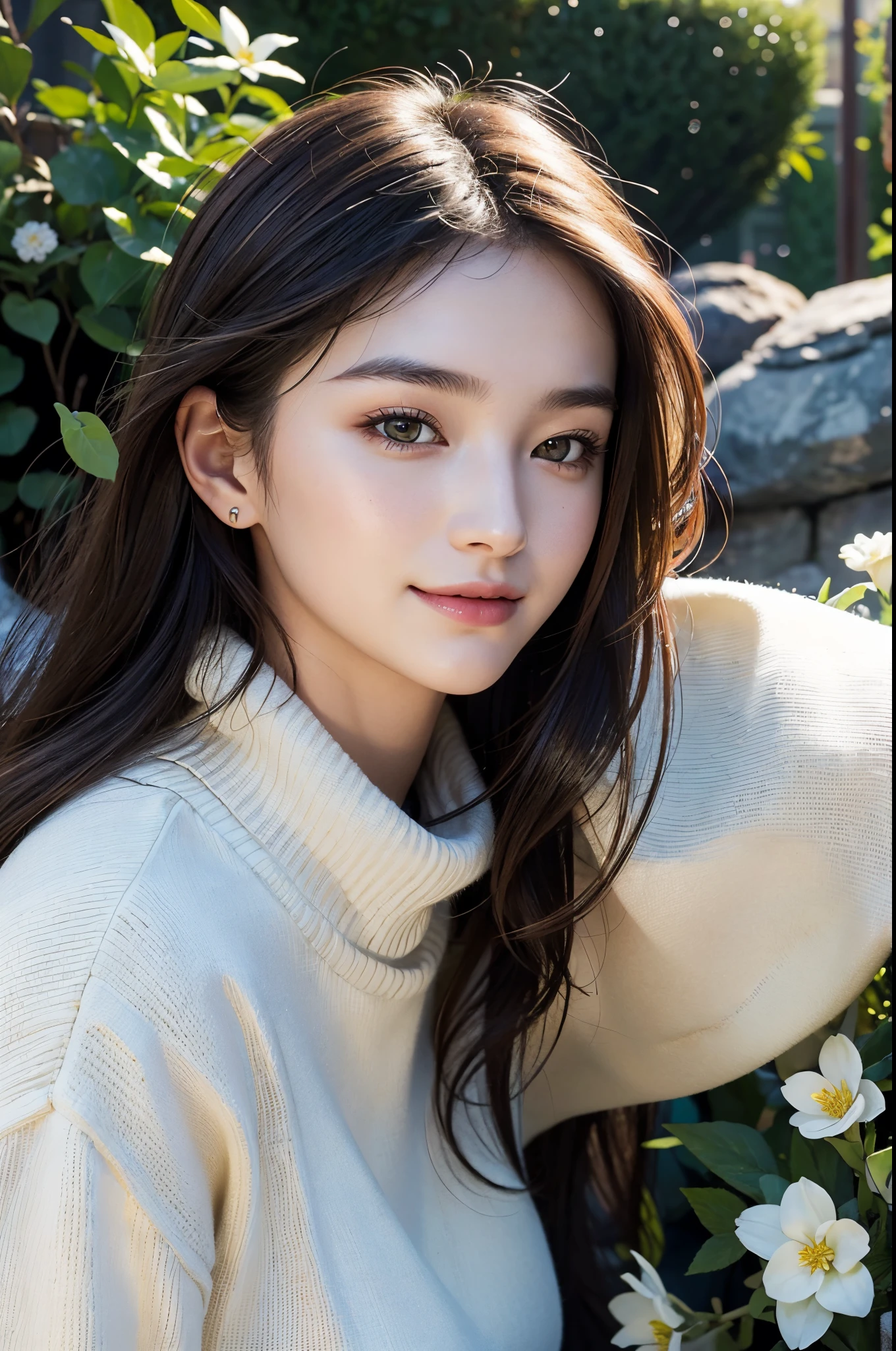masterpiece,DSLR photo,analog style,nikon d5,real photo,a photo of a beautiful 20 year old woman,dramatic lighting (85mm),with Blooming garden in the background,(detailed facial features),(detailed shiny eyes),dynamic angle,Michelangelo style,long hair,turtleneck sweater,smiling face:1.4,