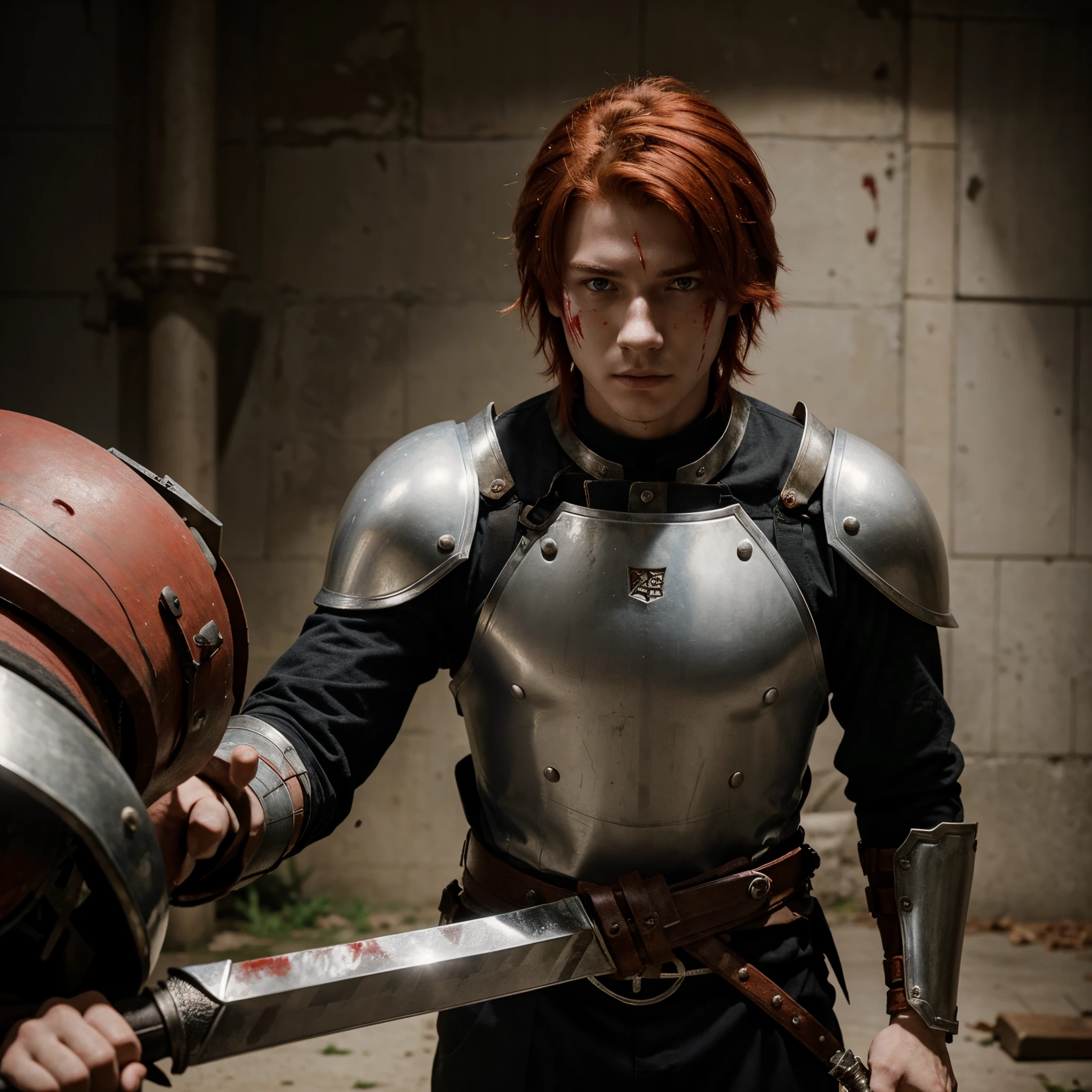 A 20-year-old knight with red hair, perfect face, no beard, with a sword in his hands, bleeding, looking seriously forward with a cut on his face (anime style great quality)