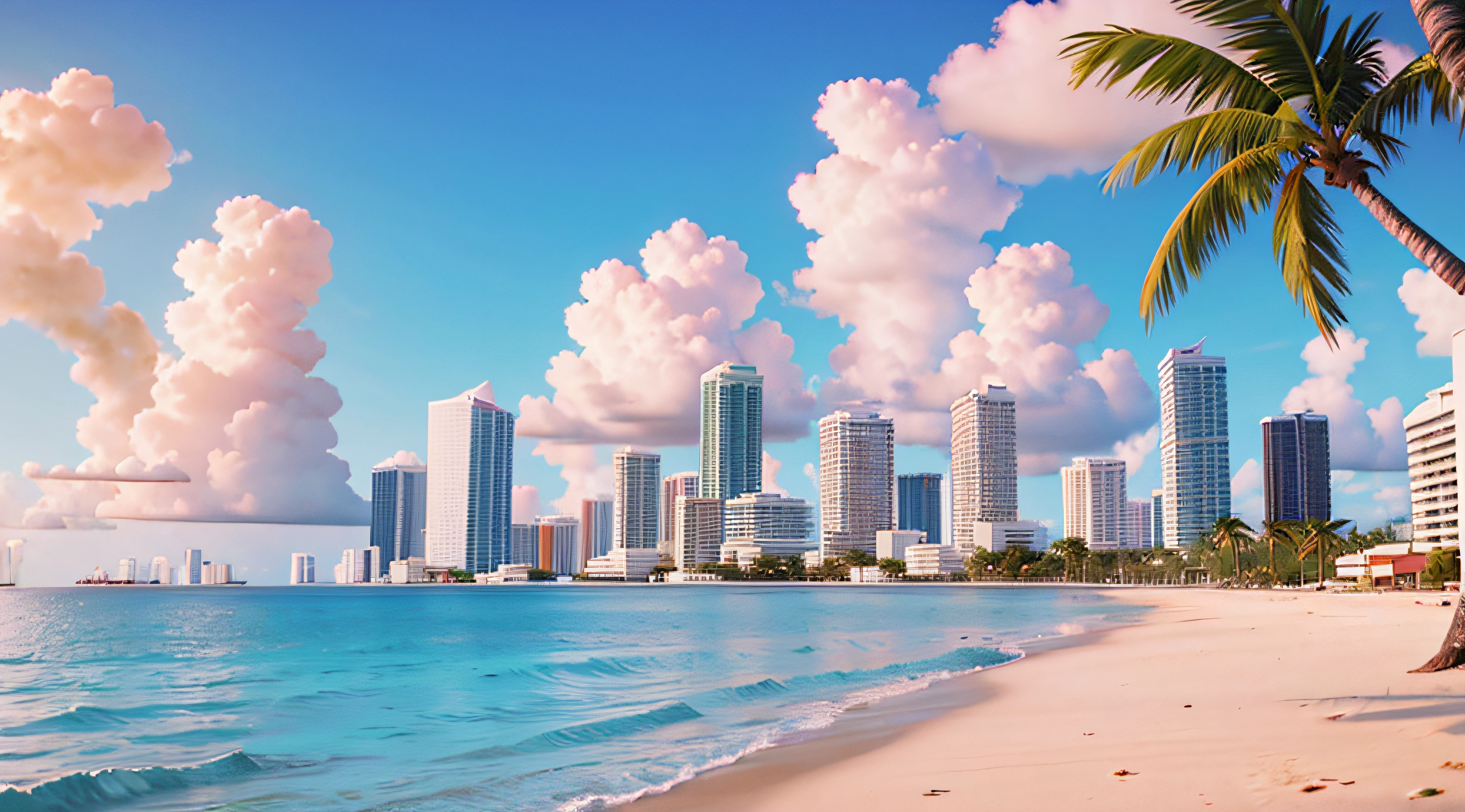 gerar uma cidade de Miami no estilo GTA, com palmeiras, praia e clima de Miami, with buildings facing the sea, 4k