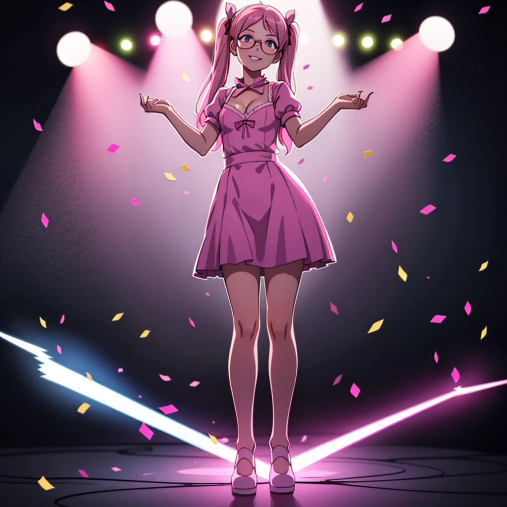 Confetti, party club. Led lights, chiaroscuro. 1 girl young girl with glasses, she smiles, tall, small eyes, teenage, "side bunds", pink pigtails hair, big lips, waring a dark purple monochromatic dress. Skirt with petticoat (short sleeves) and ((cleavage)) pink ribbon.