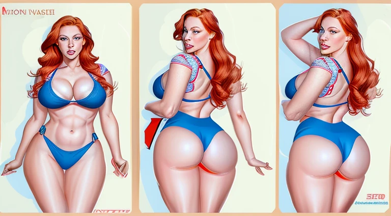 Female original character reference sheet adoptable, (masterpiece:1.4), ((illustration:1.2)), (photorealistic:1.3), (best quality), (extremely high detail), Austin White, ((red hair)), ((blue eyes)), huge breasts, thigh muscles, surprised, making oh face, blushing, embarassed, dynamic pose, dynamic angles,