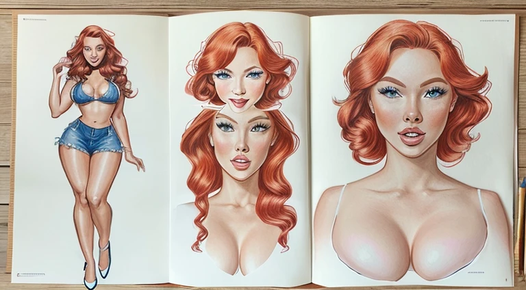 Female original character reference sheet adoptable, (masterpiece:1.4), ((illustration:1.2)), (photorealistic:1.3), (best quality), (extremely high detail), Austin White, ((red hair)), ((blue eyes)), huge breasts, thigh muscles, surprised, making oh face, blushing, embarassed, dynamic pose, dynamic angles,