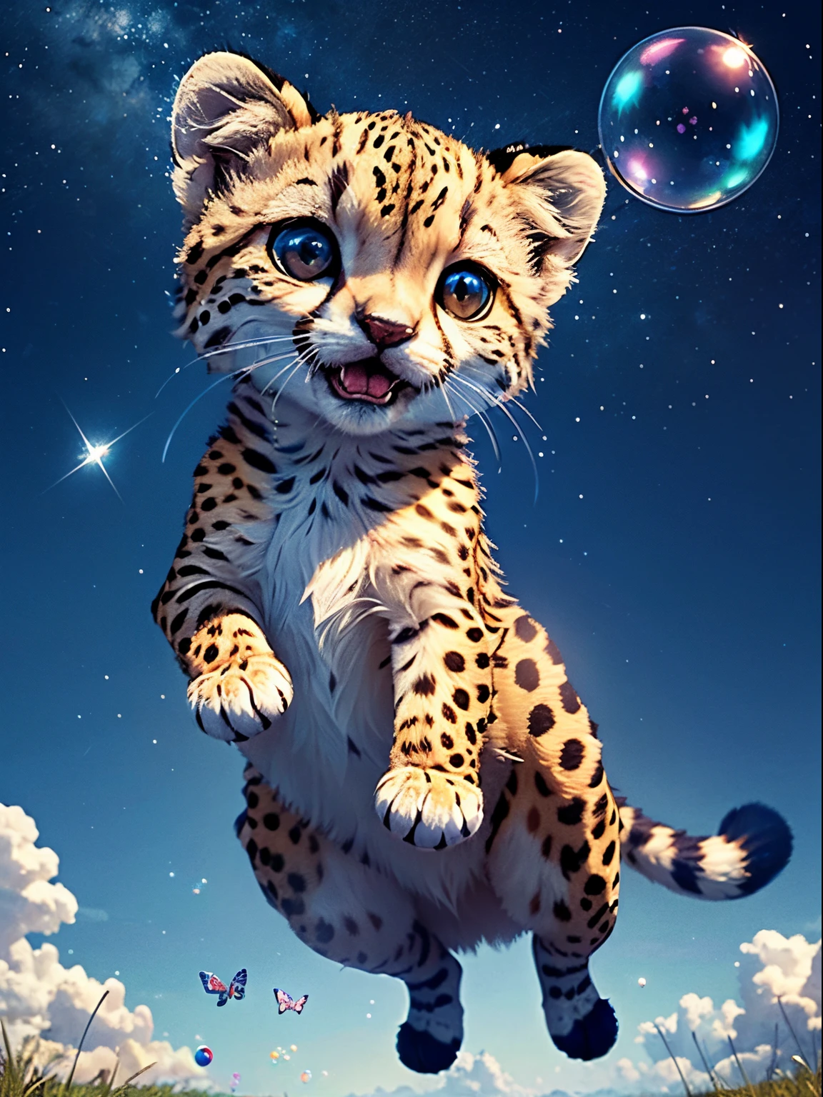 (Masterpiece), (Realistic), (best quality), (8K), UHD, hyper details, blue sky with clear stars, north light, playful cheetah with short legs, very happy, very cute, big eyes, very fluffy, (trying to catch butterflies), flying soap bubbles