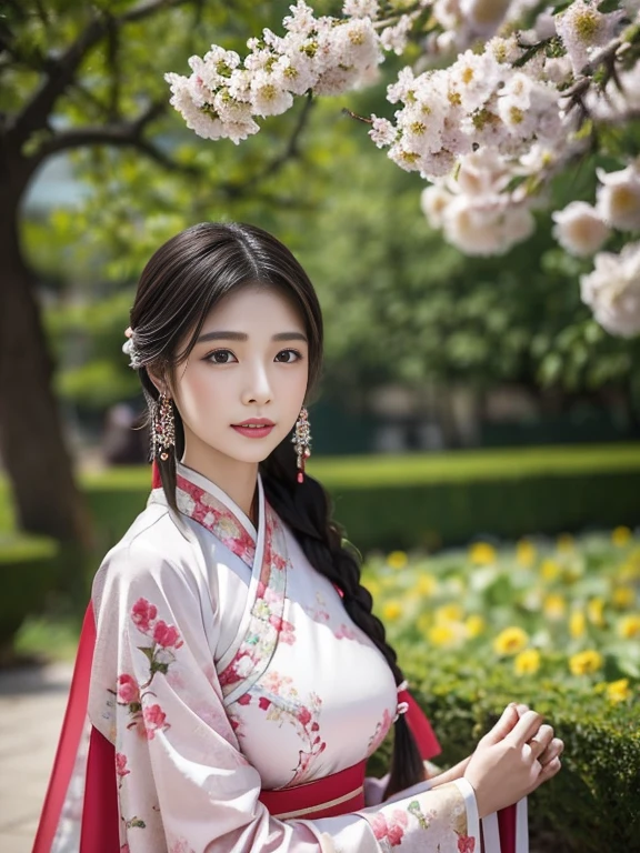 Ancient Chinese beauties with double braids，Gorgeous Hanfu，a garden with many flowers, Large breasts