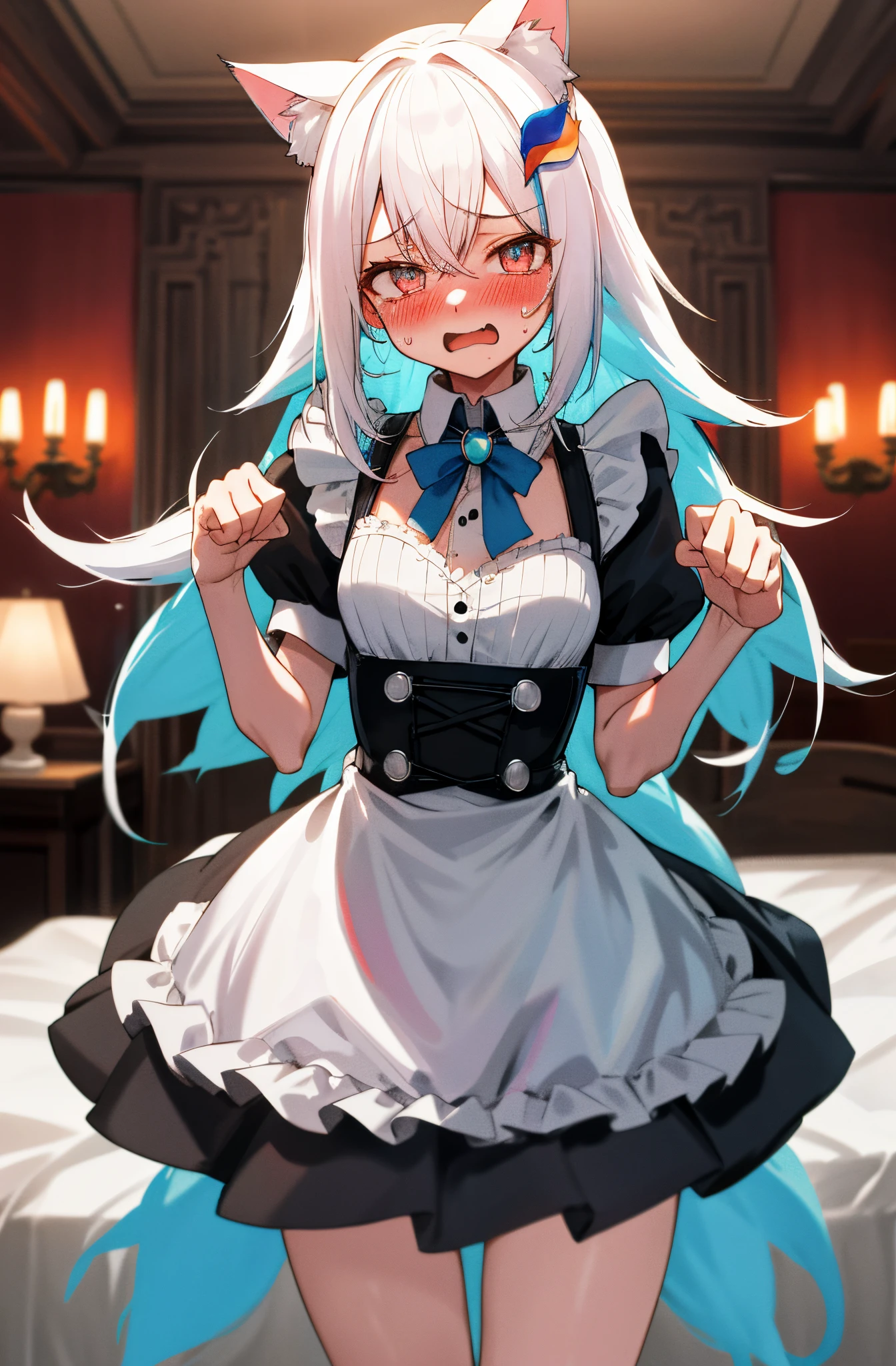 One girl with long hair, white hair, blue inner hair, looking at viewer, embarrassed, blushing, tears, open mouth, indoor, cat girl, tight, maid dress, black maid dress, bed, sweating, slim, dizzy, large chest, wide hips, perfect waist, spread legs, thigh, night atmosphere, paw pose, standing, cat tail, (embarrassed:1.0)