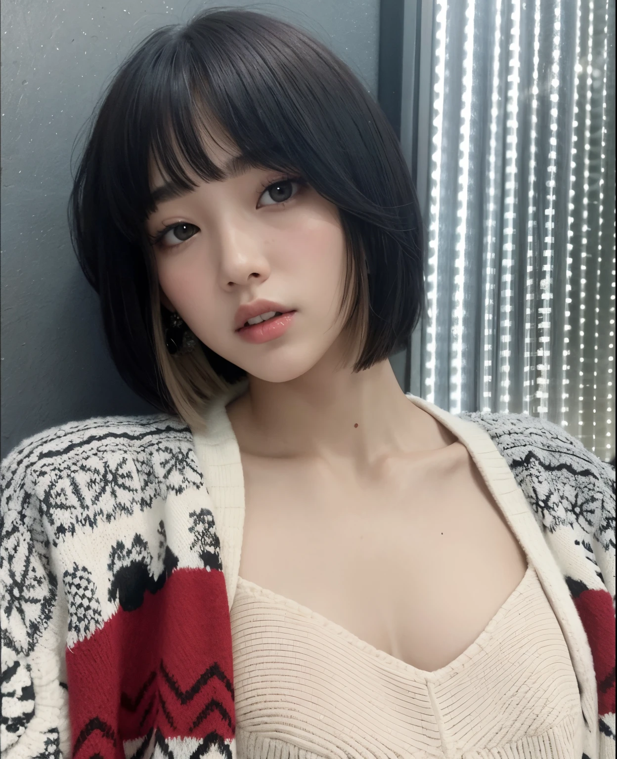 A close-up of a woman in a sweater posing for a photo, Sun Yunjoo, con pelo corto con flequillo, con el pelo corto, Ella tiene el pelo negro con flequillo, Lalisa Manobal, con flequillo, Parque Roseanne de Blackpink, Heonhwa Choe, con flequillo completo, Peinado blanco de corte hime, ulzzang