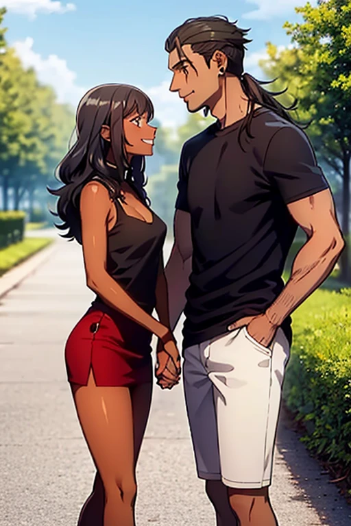 interracial couple, getou, holding hands, smiling, looking into each other's eyes, ((man white skin, tall, brown eyes, medium length hair, loose hair, black hair, muscular body, piercing)), ((black woman olive skin dark, dark brown eyes, black hair, curly hair, hair back)), casual clothes, ginkgo trees, masterpiece, great quality, beautiful