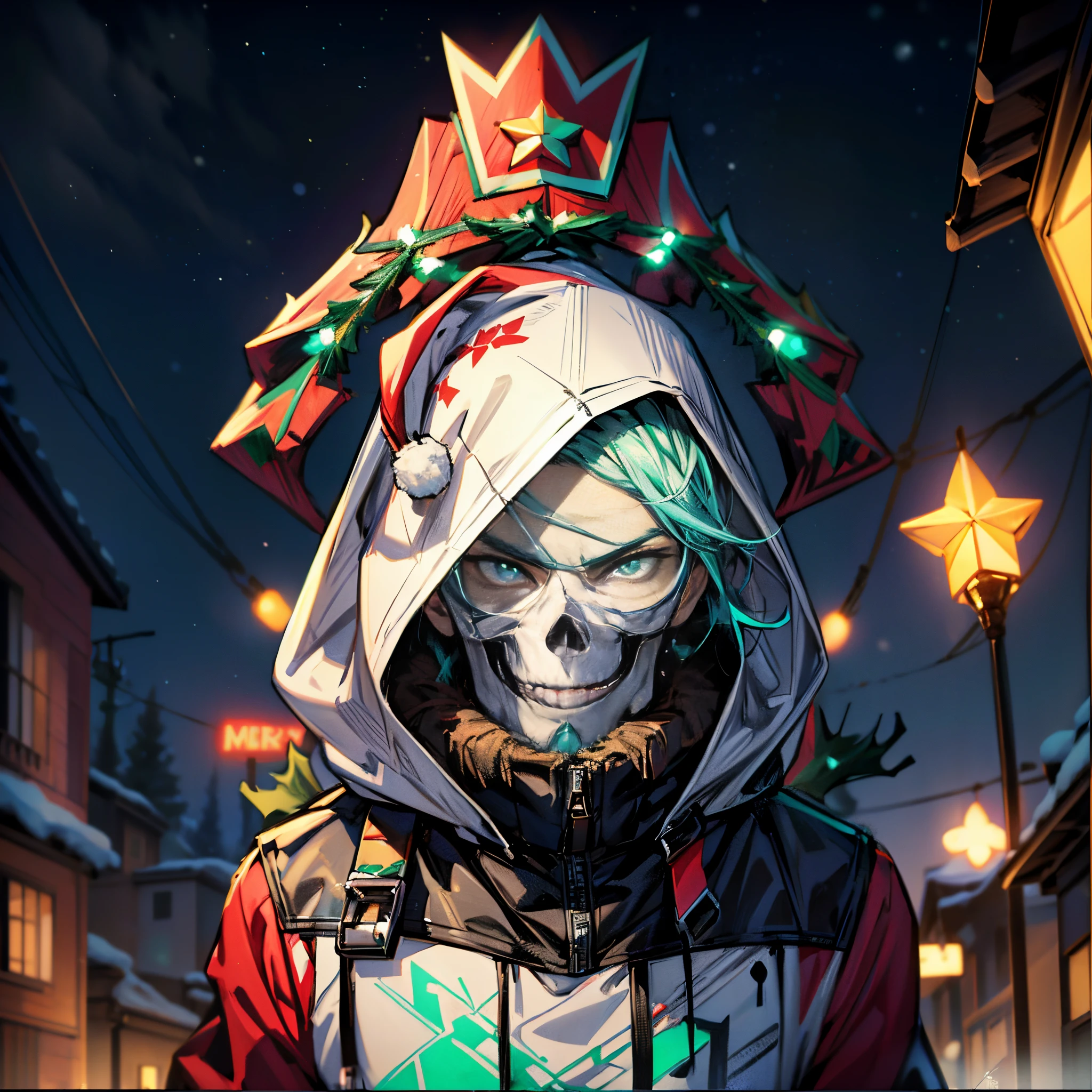 1 man,male,masculine,add details to the eyes,prioritize the quality of eyes,eye improvement,very detailed eyes,vibrant colors, masterpiece, sharp focus, best quality, depth of field, cinematic lighting,outdoors,night sky, starry sky,((masterpiece)),((best quality)),((ultra-detailed)),(8k),((wallpaper)),((extremely detailed cg)),(RAW photo:1.2),beautiful,Perfect eyes, detailed eyes,Nice eyes,with a beard ando Christmas horns,((cyan color hair and shiny green color eyes whit emerald gradient)),with a skull mask,((Christmas decorations for all the clothes)),((Christmas colors)),white skull mask,Horns with Christmas lights,with a beard like Santa Claus's,Anime,white beard covering the whole face,with a hood like that of the parca but with Christmas colors