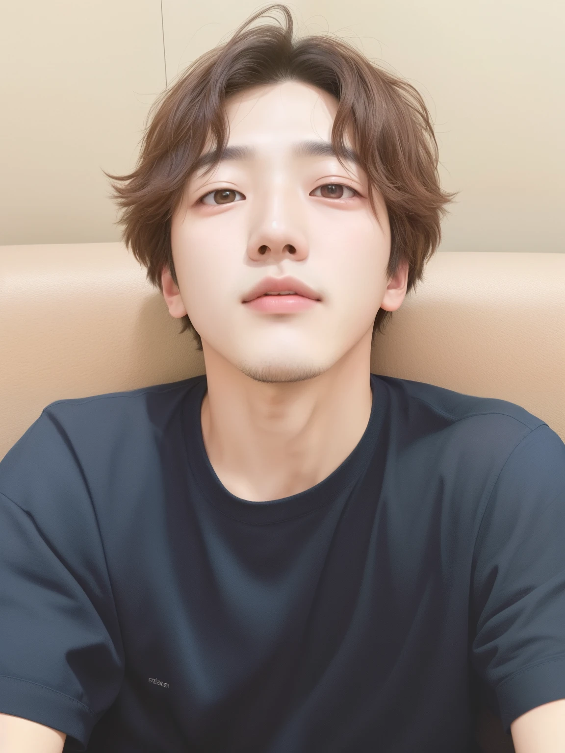 There is a young man sitting on a sofa with a cell phone, Cai Xukun, jungkook, Hyung Tae, Jinyoung Shin, Taejune Kim, taken in the early 2020s, 1 7 years - child of thin face age, foto de perfil, Wan adorable cara coreana, Hong June Hyung, ojos holgados, con el pelo corto, young wan angel