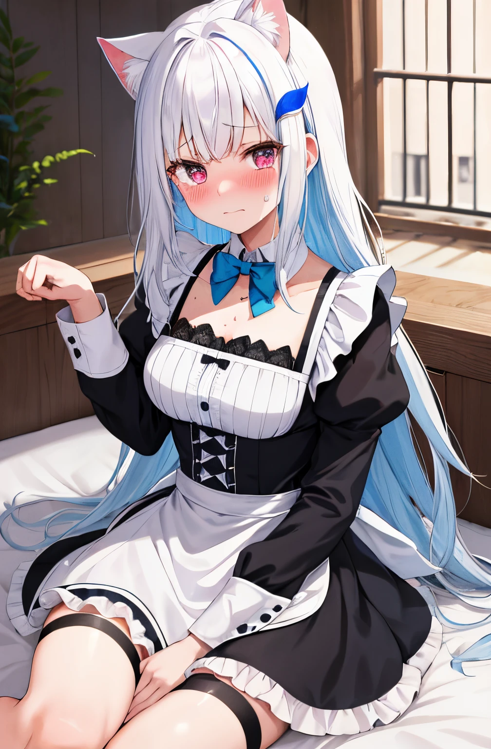 One girl with long hair, white hair, blue inner hair, looking at viewer, embarrassed, blushing, tears, indoor , cat girl, tight, maid dress, black maid dress, bed, sweating, slim, dizzy, chest, large chest, wide hips, perfect waist, spread legs, thigh, night atmosphere, laying on, paw pose, fence net, (embarrassed:1.0)