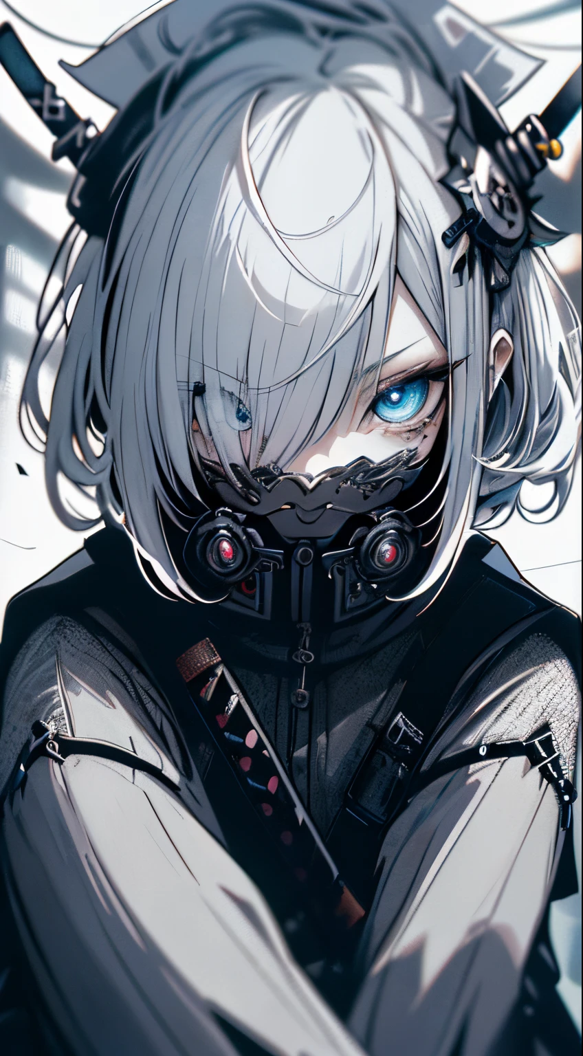 Japanese Katana Sword、Samurai sword、Full body、Sit on a chair, cross one's legs、White one-piece military uniform、View other people、Blunt bangs、 over-kneehighs,Blunt bangs, Silver-white hair,(masutepiece:1.2, Best Quality), (finely detailed beautiful eye: 1.2), (Detailed background,Dark Fantasy), (beautifull detailed face), High contrast, (Best Illumination, extremely delicate and beautiful), ((Cinematic Light)), Colorful, Hyper Detail, Dramatic light, Intricate details,Very blue eyes, Shining eyes, long hair flowing with the wind