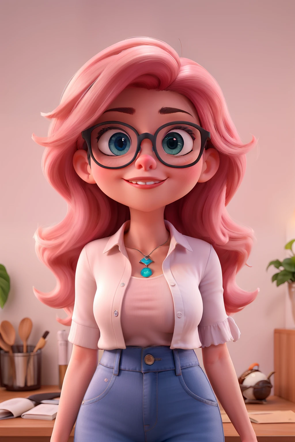 Mulher de cabelos longo castanho com luzes iluminadas, olhos castanhos claros,  oculos clean, gordinha, maquiadora e gosta de rose