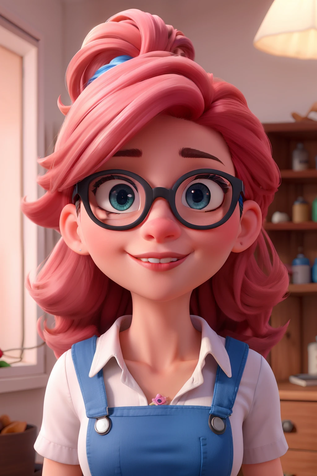 Crie um poster de filme com uma personagem da Pixar em 3d.
branca, 9 com cabelos cacheados castanhos enroladinhos e dividido no meio, Wearing a pair of prescription glasses, rounded and light pink eyeglass frame, com um estampado, sorrindo, e com os dentes do meio um pouco separados. Being the title Glórinha amusely!