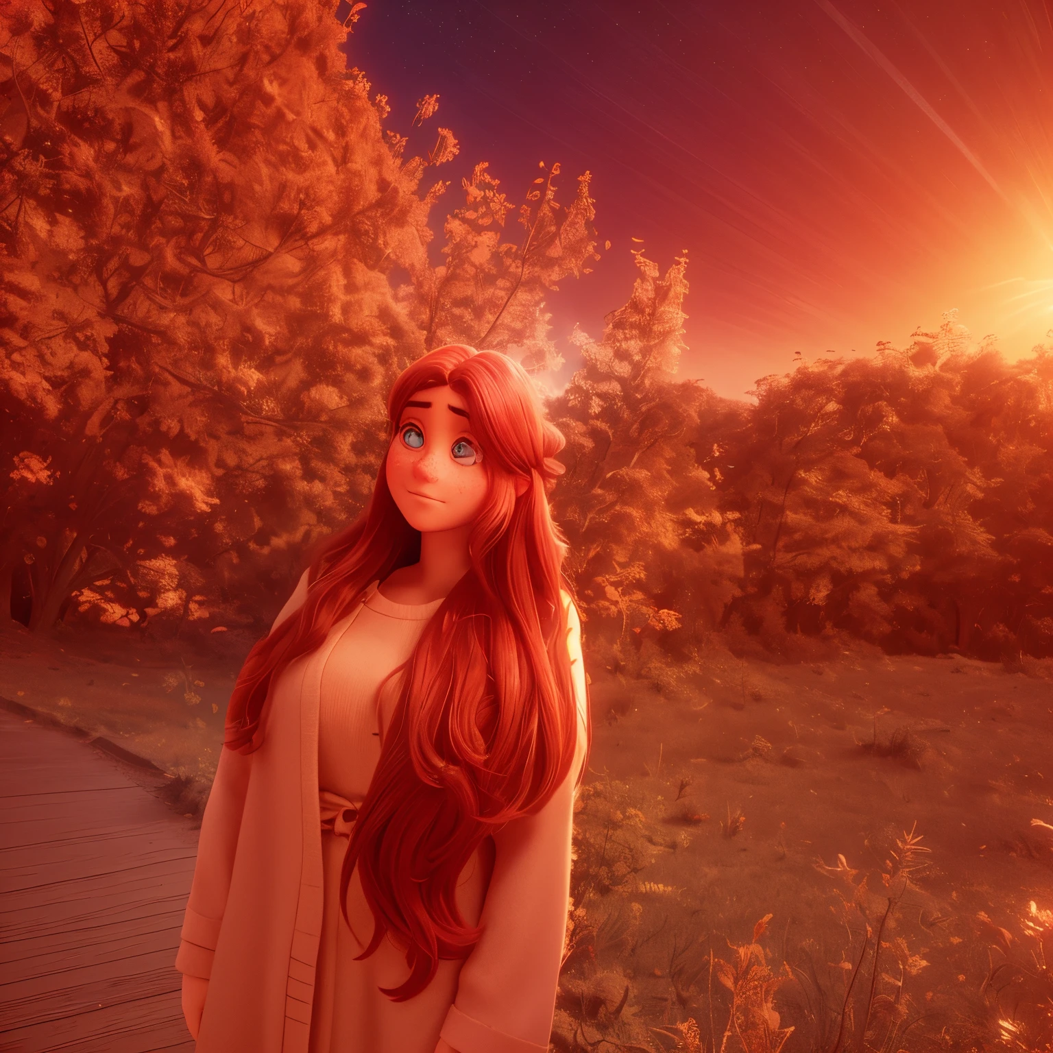 Long hair, Red, long eyelashes, solid round eyes, slight smile, blusher, freckles, surrealism, ombre, anaglyph, stereogram, tachi-e, ass pov, atmospheric perspective, 8K, super detaill, ccurate, Best Quality