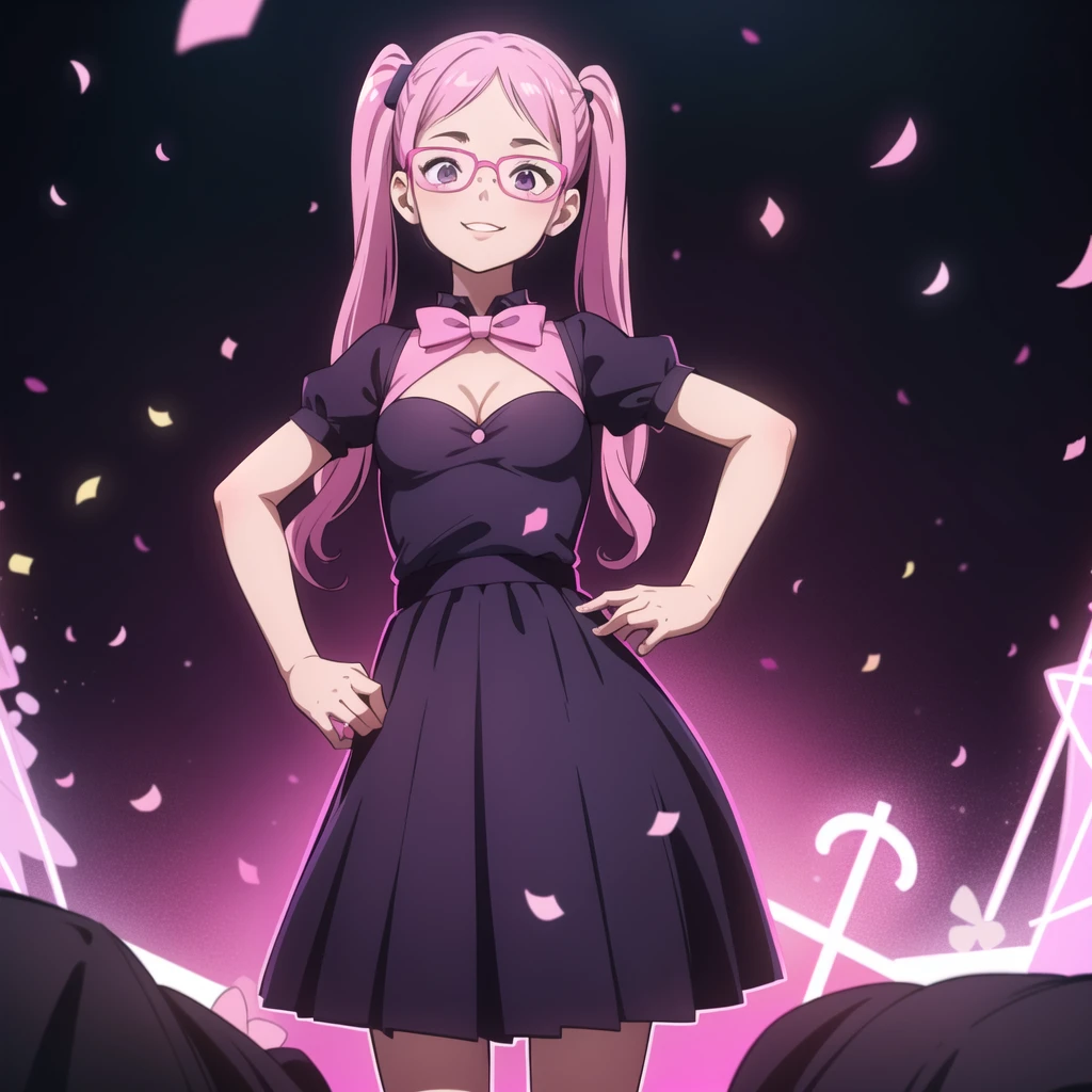 Confetti, party club. Led lights, chiaroscuro. 1 girl young girl with glasses, she smiles, tall, small eyes, age, "side bunds", pink pigtails hair, big lips, waring a dark purple monochromatic dress. Skirt with petticoat (short sleeves) and ((cleavage)) pink ribbon.