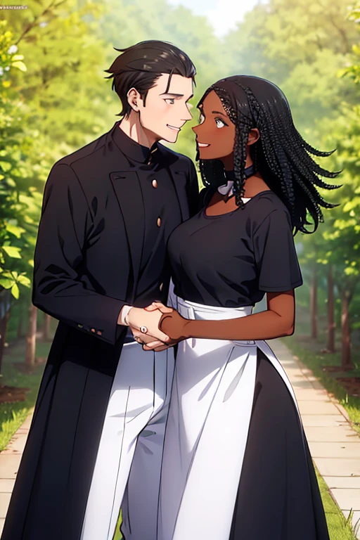 interracial couple, getou, holding hands, smiling, looking into each other's eyes, ((white skin man, very tall, brown eyes, medium length hair, loose hair, black hair, muscular body, piercing)), ((dark skin woman dark brunette, dark brown eyes, black hair, curly hair, hair back, short)), casual clothes, ginkgo trees, ((white man and black woman)), masterpiece, great quality, beautiful