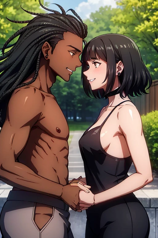 interracial couple, getou, holding hands, smiling, looking into each other's eyes, ((white skin man, very tall, brown eyes, medium length hair, loose hair, black hair, muscular body, piercing)), ((dark skin woman dark brunette, dark brown eyes, black hair, curly hair, hair back, short)), casual clothes, ginkgo trees, ((white man and black woman)), masterpiece, great quality, beautiful