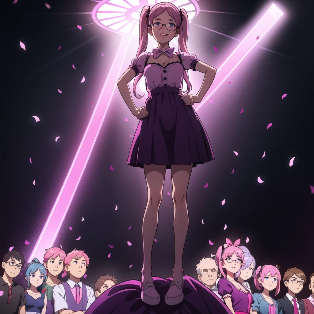 Confetti, party club. Led lights, chiaroscuro. 1 girl young girl with glasses, she smiles, tall, small eyes, age, "side bunds", pink pigtails hair, big lips, waring a dark purple monochromatic dress. Skirt with petticoat (short sleeves) and ((cleavage)) pink ribbon.